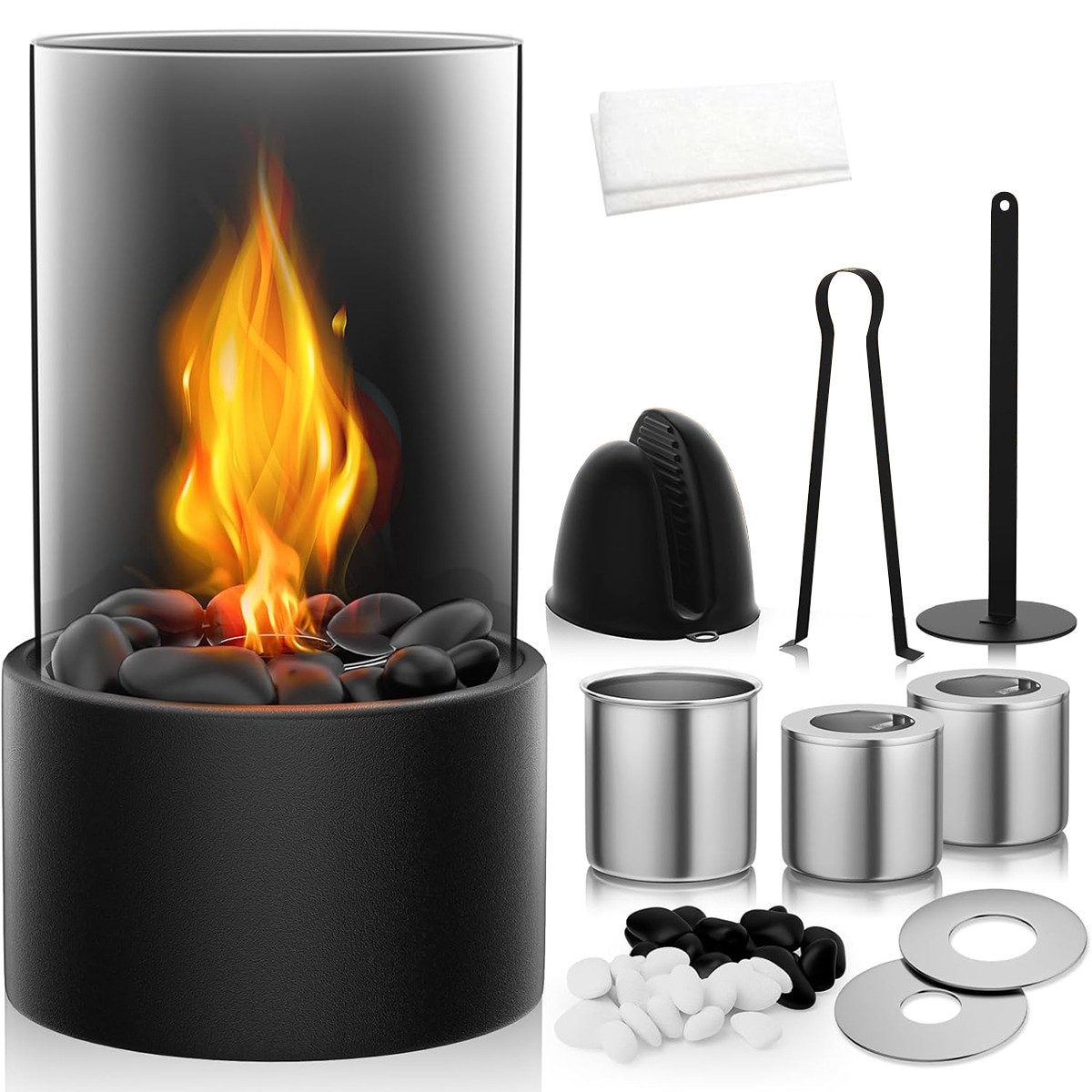 Tabletop Tischfeuer Tischfeuer Tischkamin Bioethanol Kamin mit Glas Dekosteinen Schwarz (Tischfeuer Set mit 2 Brennkammern Flammenringen Zange und Handschuhen, Bioethanol Tischkamin Komplettset inklusive Zubehör für innen außen), Freistehender Tischkamin