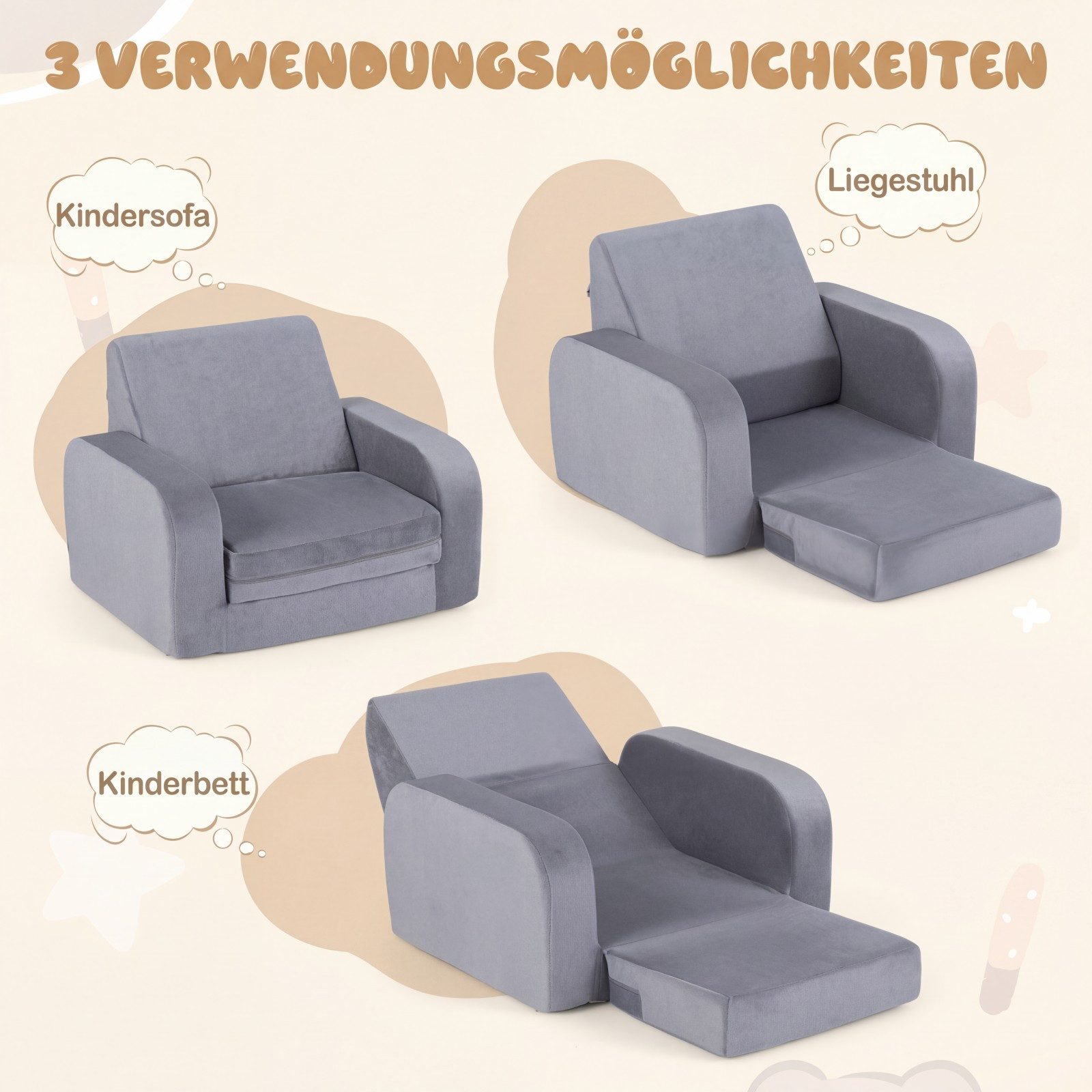 COSTWAY Kindersofa, 3 in 1 Kindersessel ausklappbar mit Schlaffunktion, Bezug