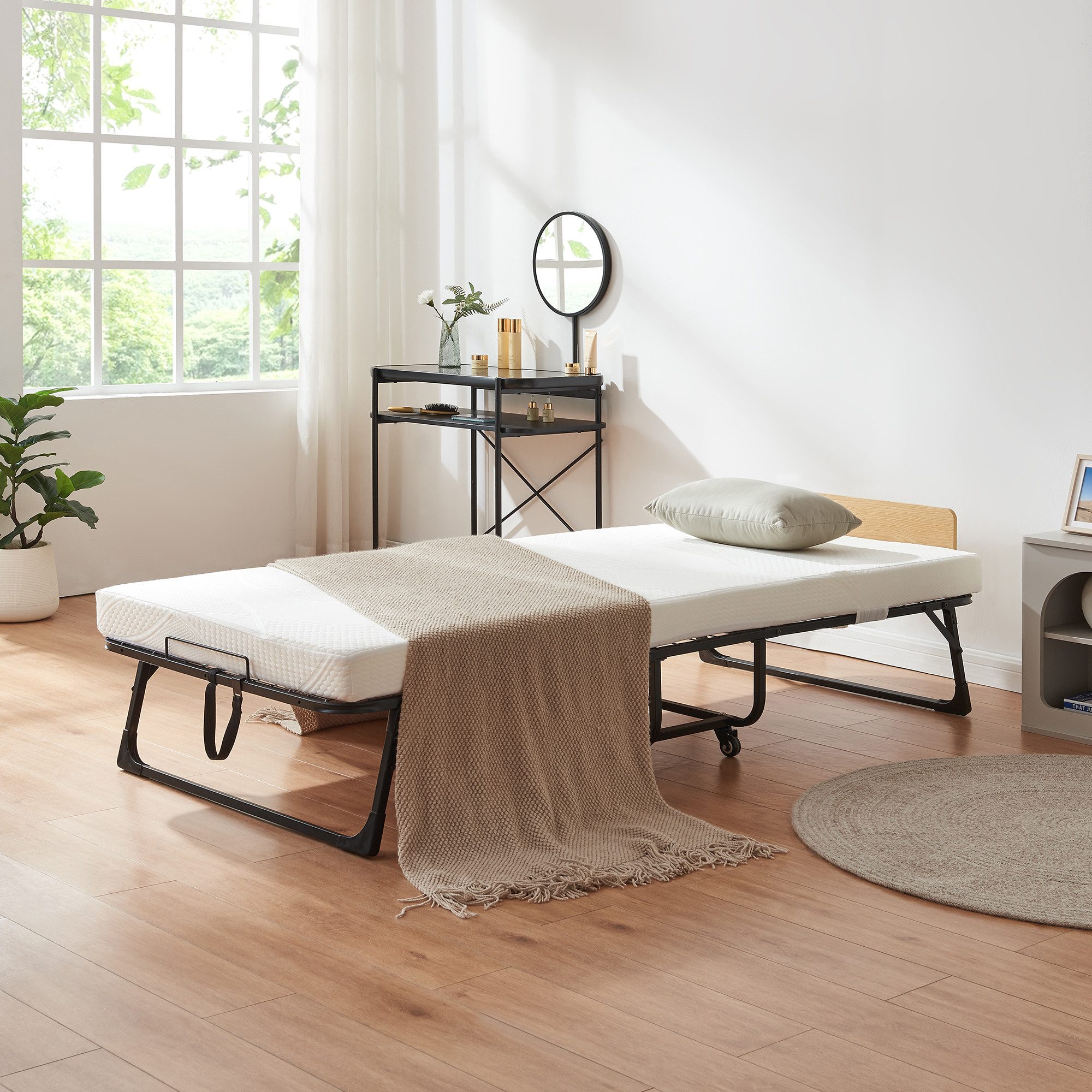 en.casa Klappbett mit Matratze »Lustendi« 200x90cm rollbar Schwarz/Eicheoptik