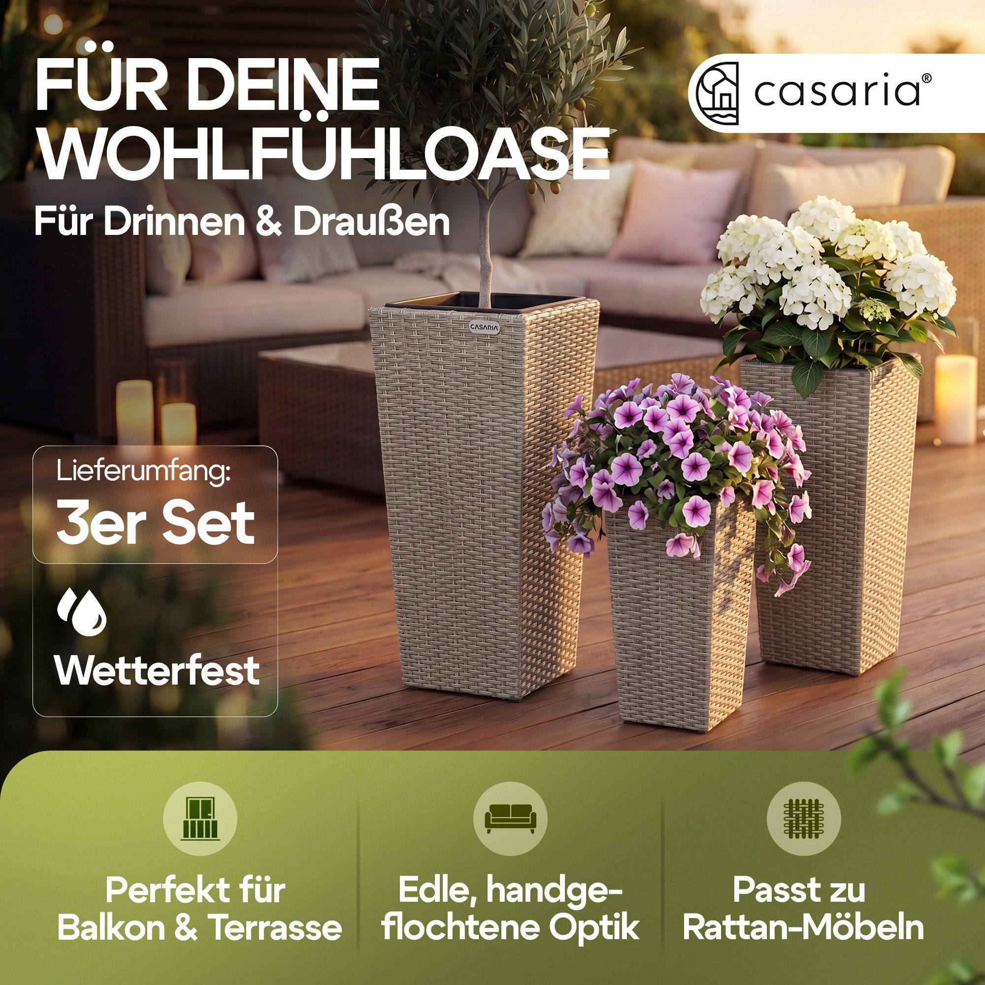 Casaria Pflanzkübel, Casaria Blumentopf 3er Set Polyrattangeflecht Übertopf Wasserabfluss