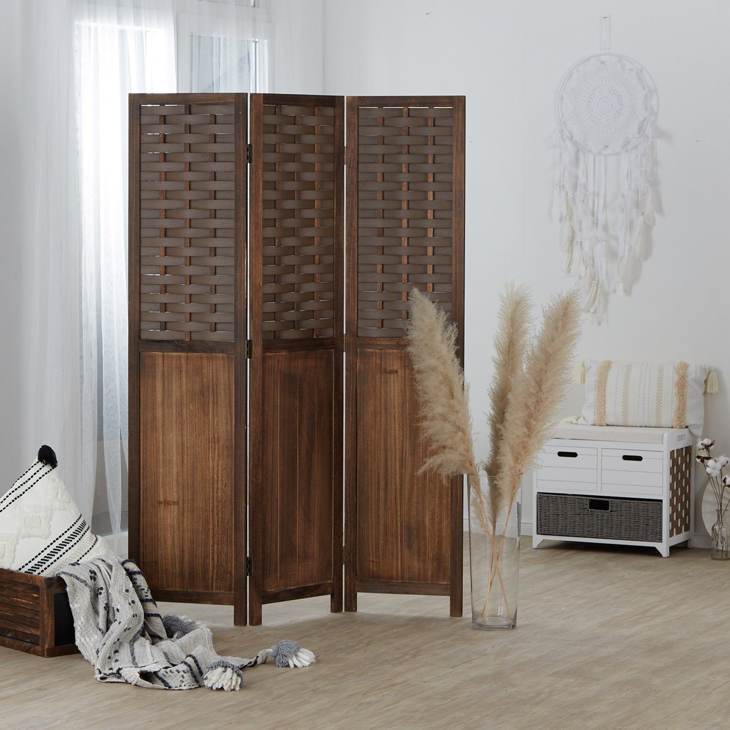 Homestyle4u Paravent Raumteiler Indoor Holz Trennwand Sichtschutz Rattan Optik Flechtoptik (3-teilig), Braun, faltbar