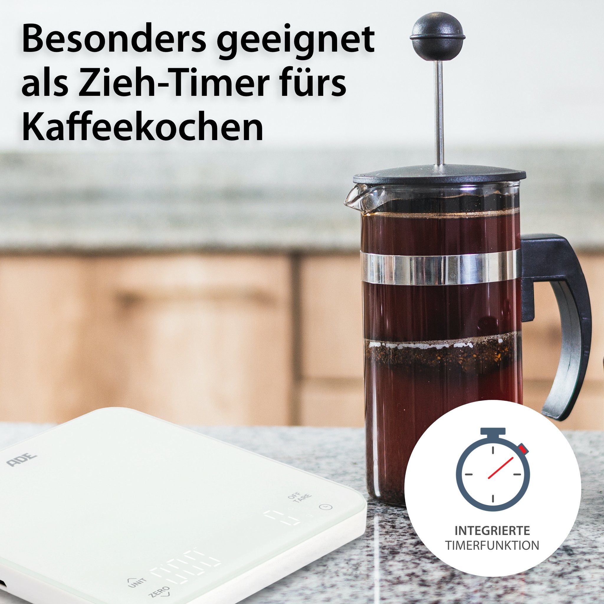 ADE Küchenwaage KE2100 Digitale Waage mit Akku (Aufladen per USB-Kabel), Aufladung per USB-Kabel, integriertem Timer, perfekt als Kaffeewaage