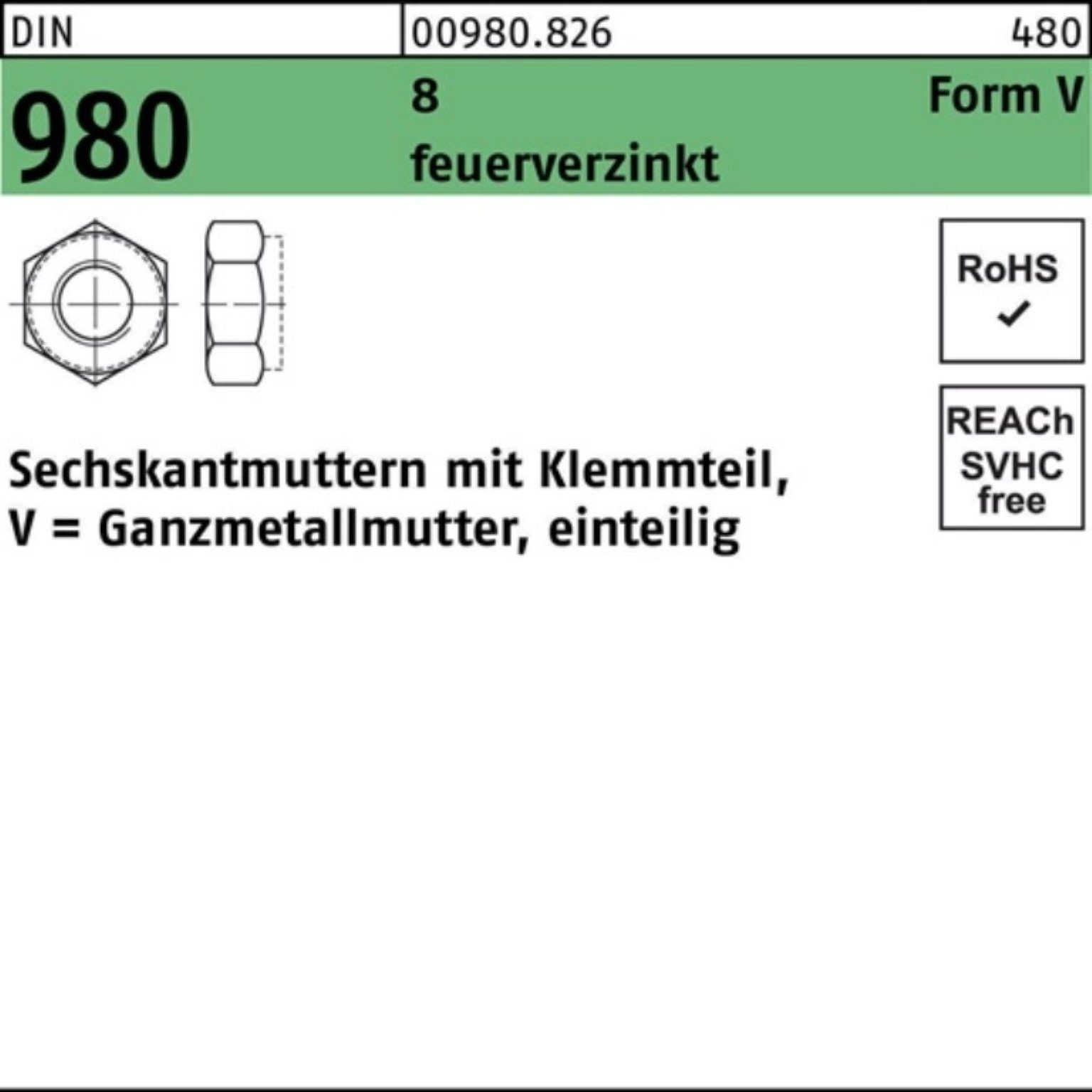 Reyher Muttern 100er Pack Sechskantmutter DIN 980 Klemmteil V M5 8 feuerverz. 100 St