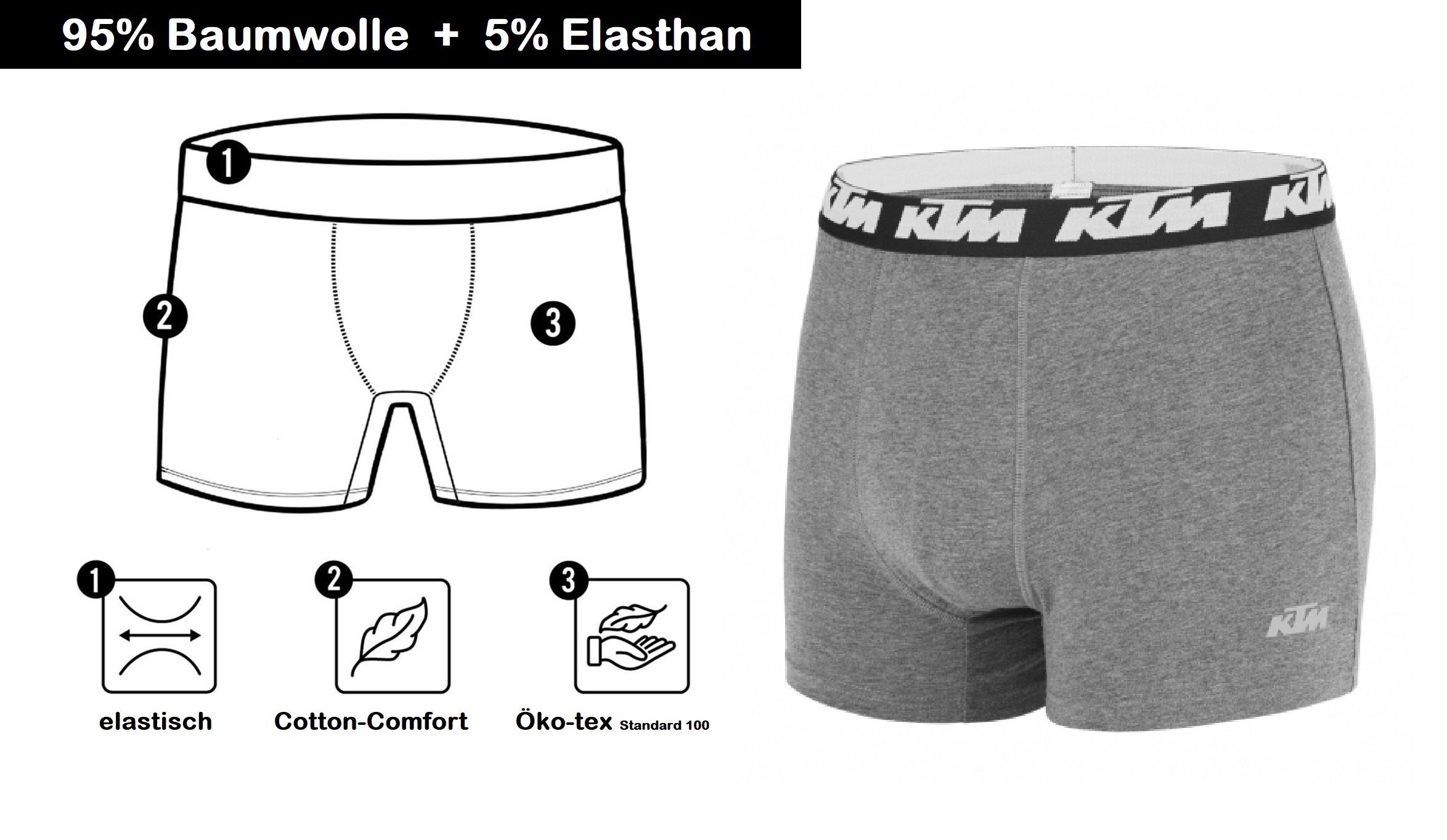 KTM Basic mit (2er-Pack) Boxershorts auf Unterhose dem Logo Men Hüft-Shorts Outdoorsport grau-schwarz Taillenbund