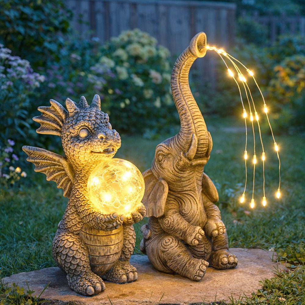 GLOBO LIGHTING LED Dekofigur, LED-Leuchtmittel fest verbaut, Solarleuchte Außenlampe Drache Elefant LED grau Gartendeko 2er Set
