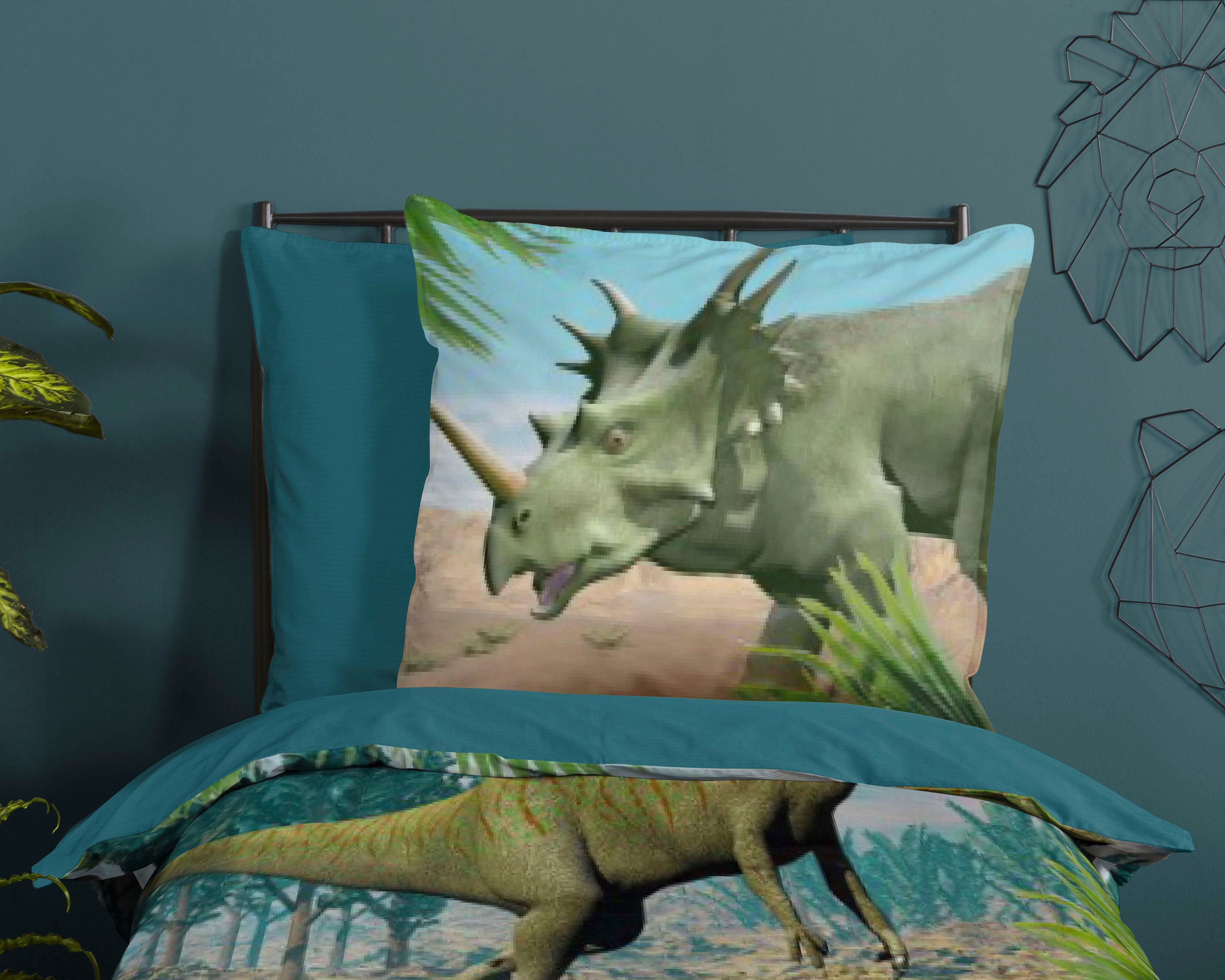 good morning Babybettwäsche Dino, Renforcé, 2 teilig, 100% Baumwolle, Renforcé, Reißverschluss, Wendeoptik, Baby Junge, Dino