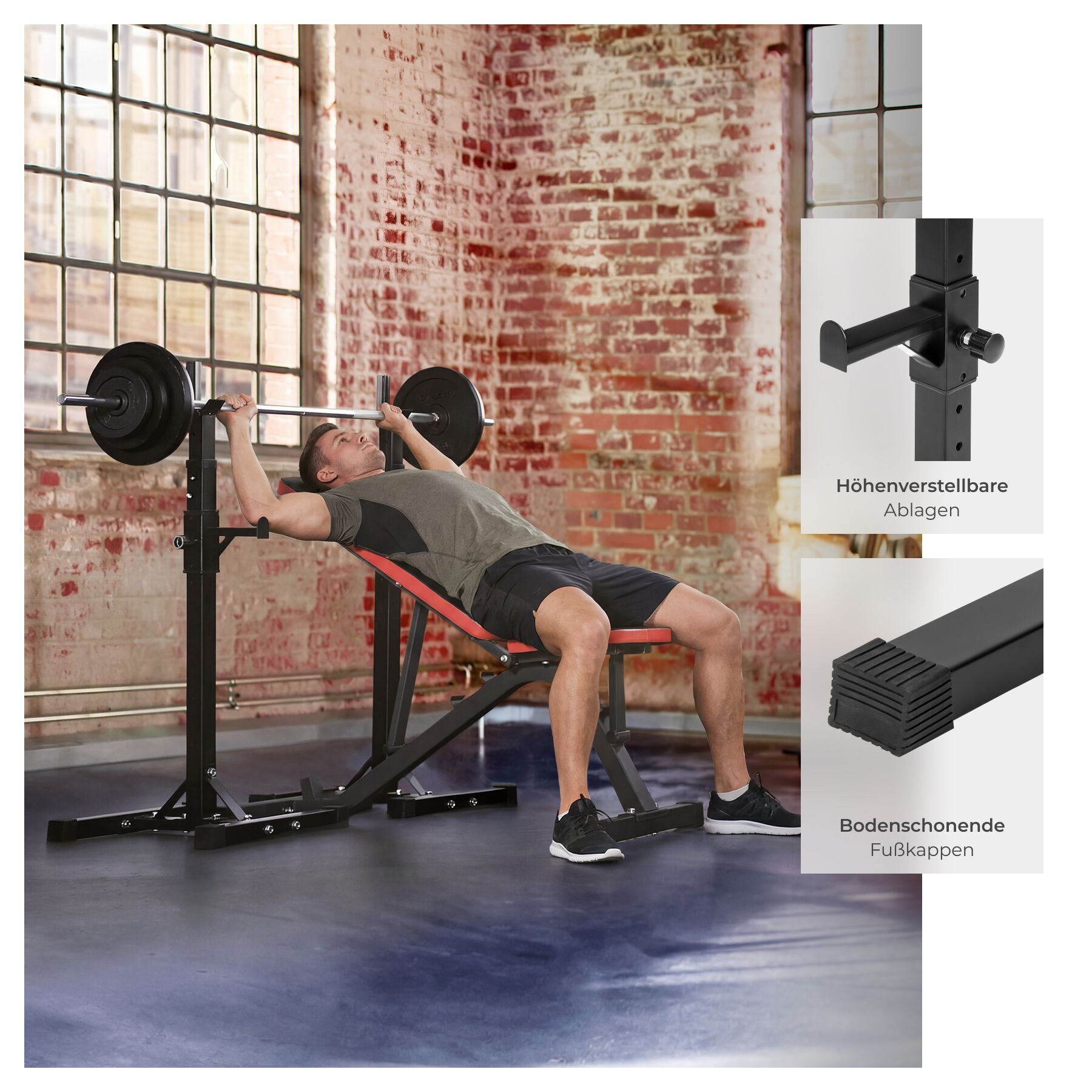tectake Hantelbank Fitnessbank, multifunktional, seitliche Ablage 6-fach, (Trainingsbank, in schwarz), Bodenschonende Kunststoffkappen, obere Ablage 12-fach höhenverstellbar