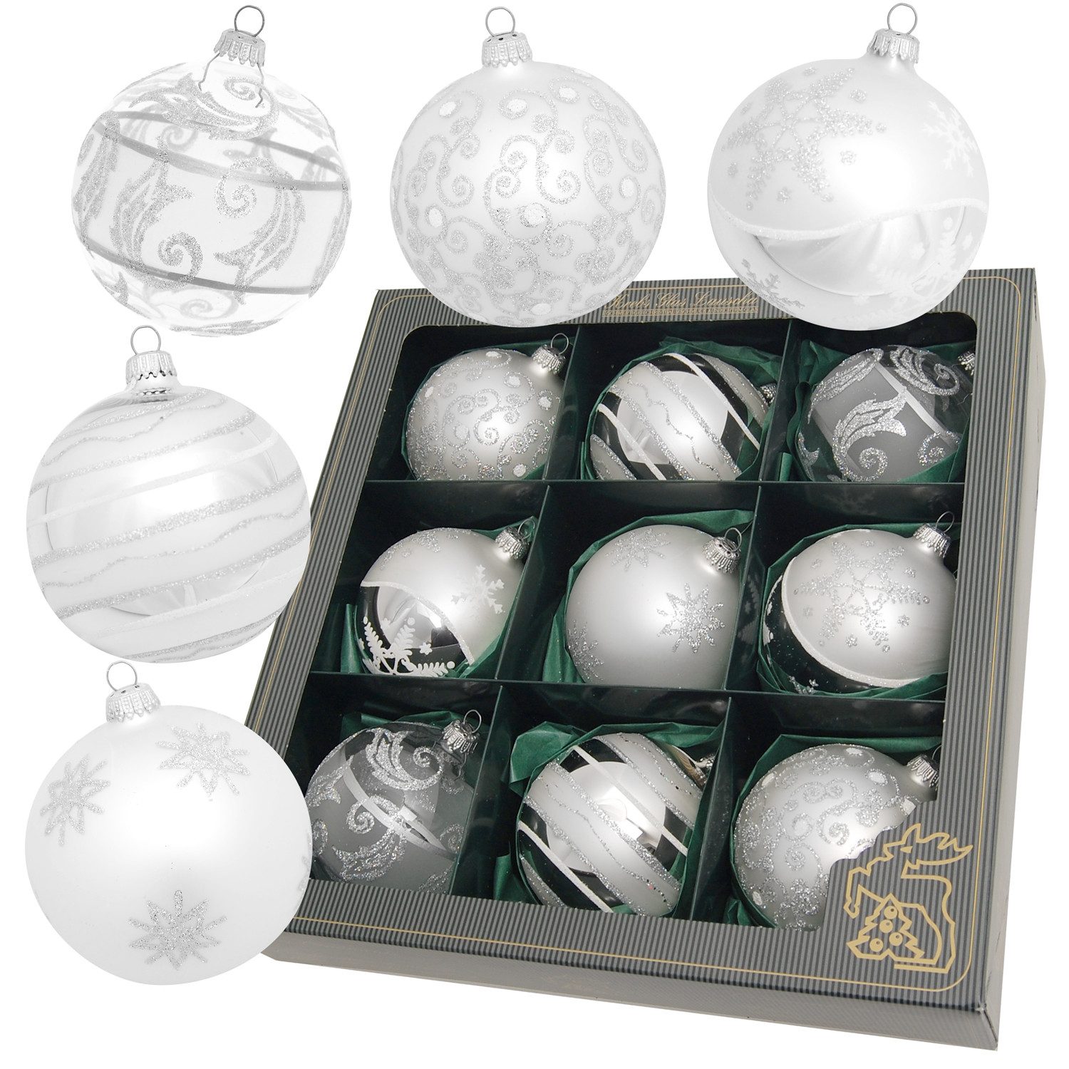 Krebs Glas Lauscha Weihnachtsbaumkugel Glasdekoration 9er Set Silber/Satin günstig online kaufen