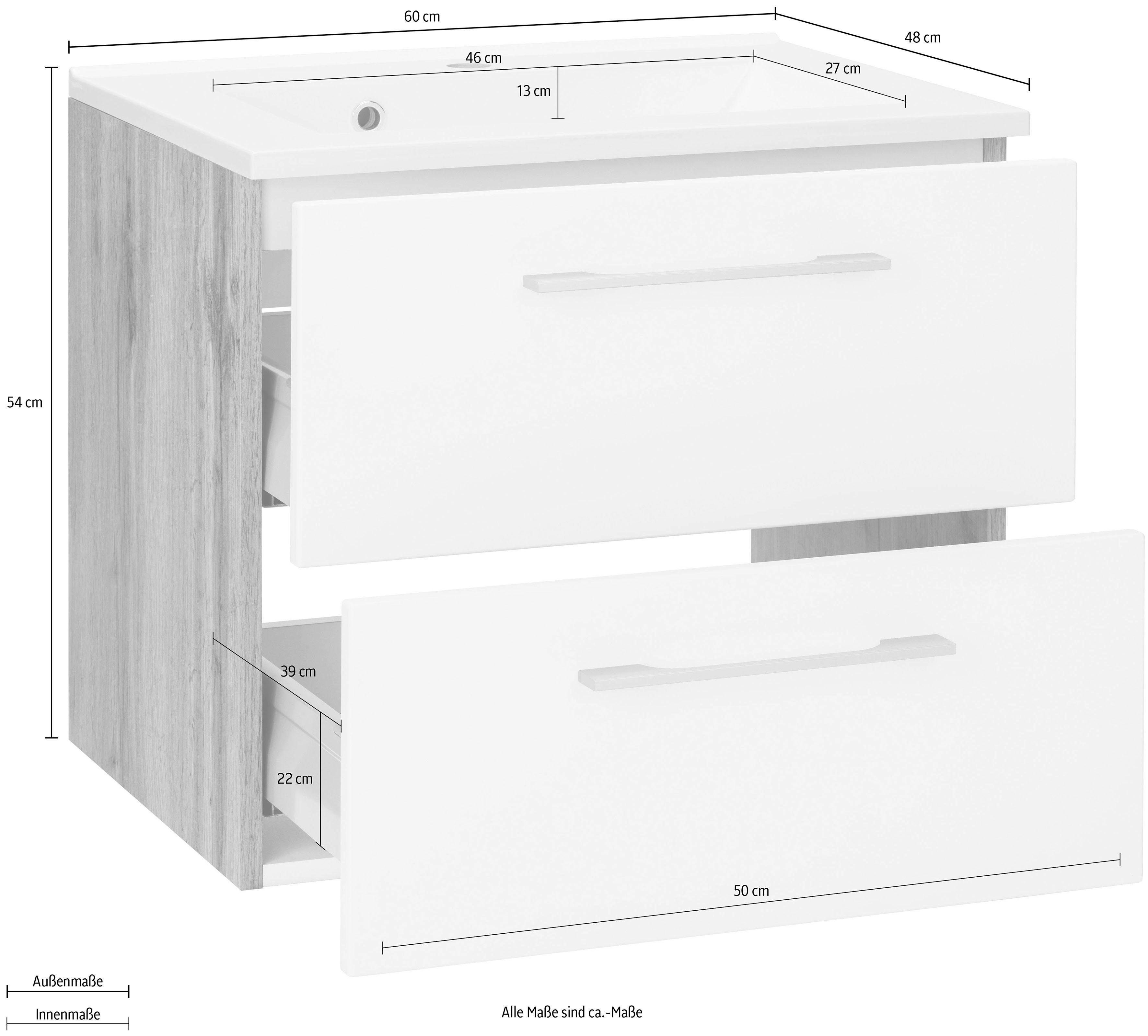 HELD MÖBEL Soria Waschtisch 60 Breite Waschbeckenunterschrank cm Badmöbel, inkl. eichefarben Waschbecken