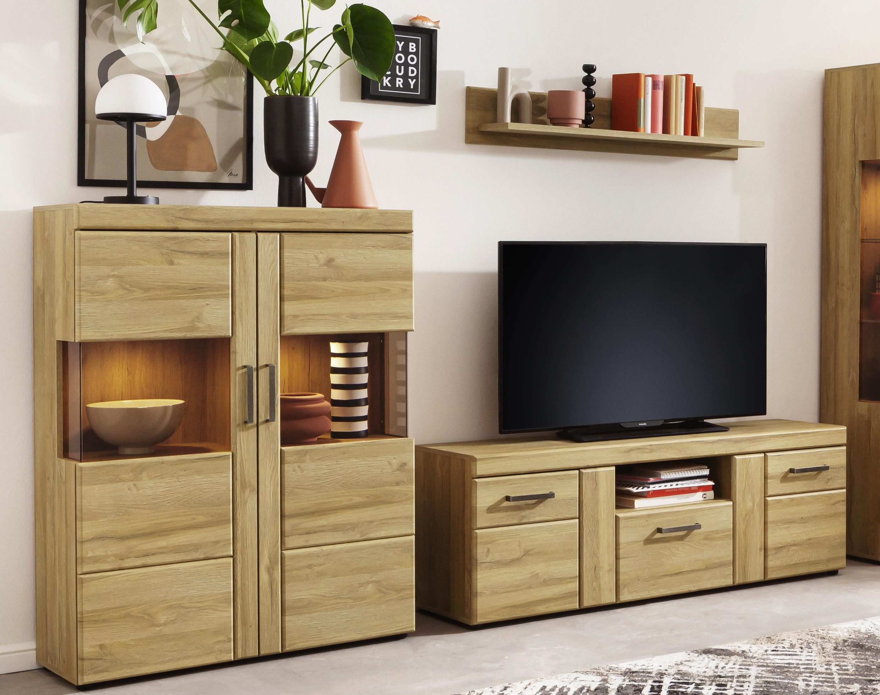 freiraum Wohnwand Cortina, (3-teilig), (3-teilig) in Grandson Eiche Dekor - 259x155x41 (BxHxT)