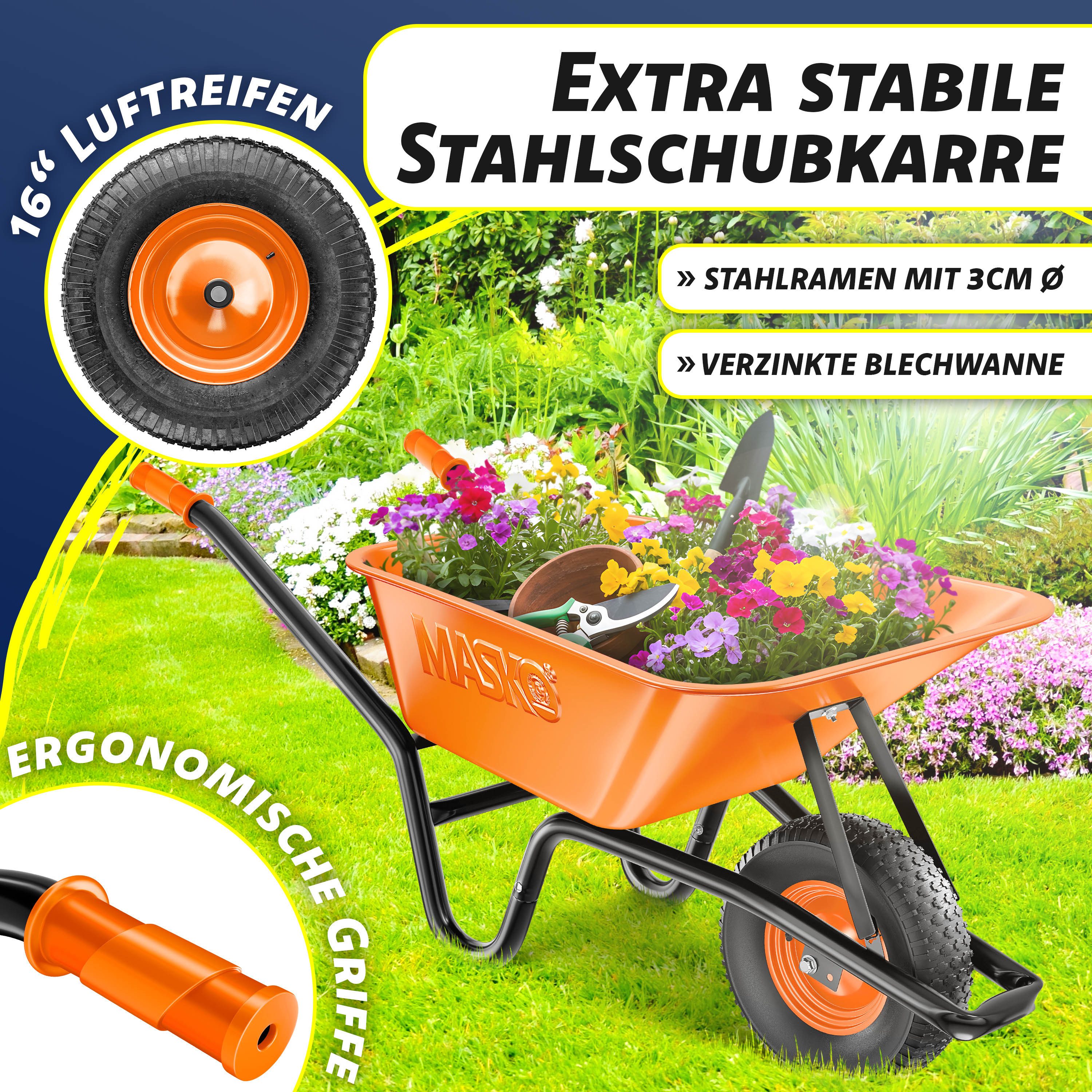 MASKO Schubkarre Bau- und Gartenschubkarre 100 Liter, mit Luftreifen und Stahlfelgen sowie einen Ersatzschlauch