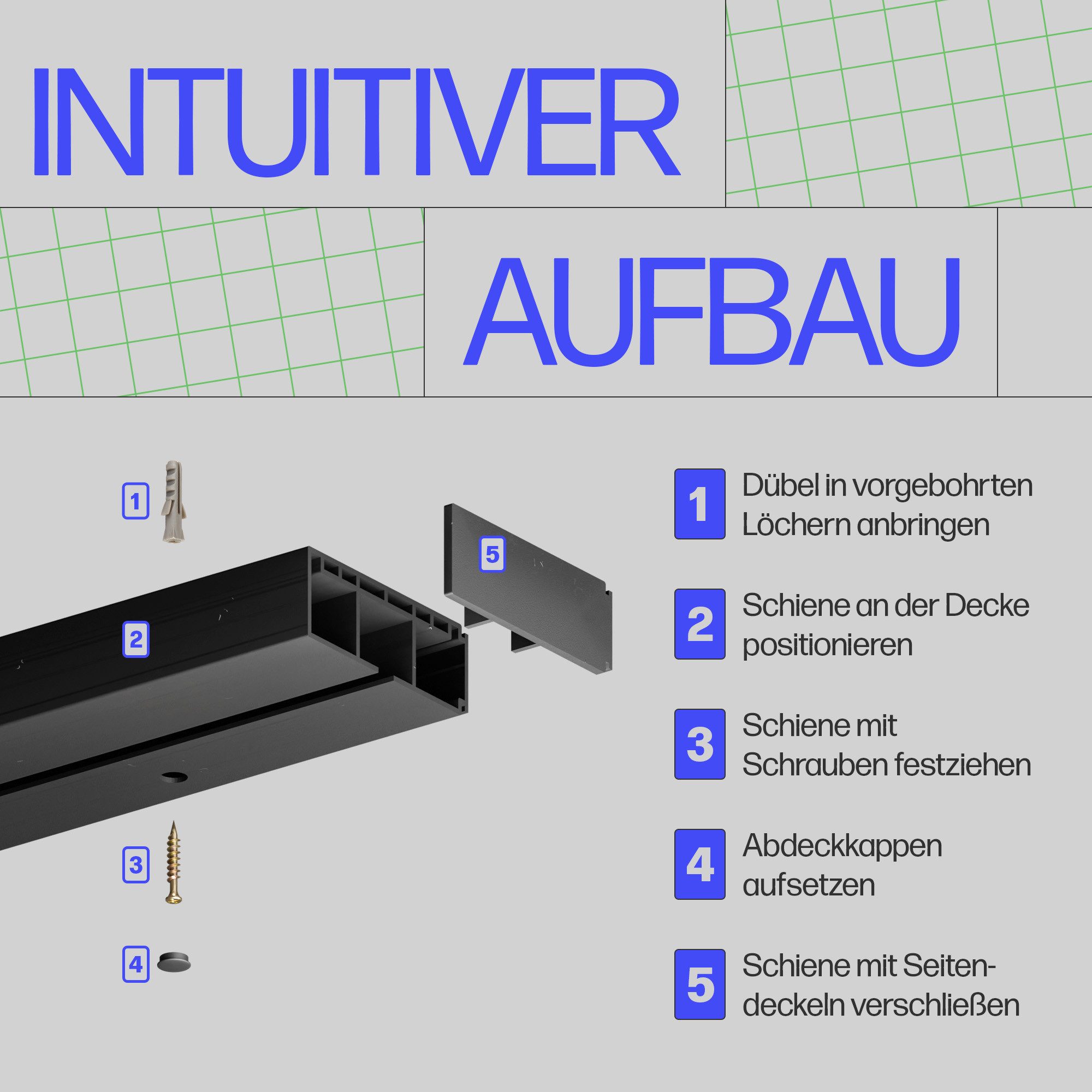 Bestlivings Gardinenschiene Komplettset montagefertig, 1-läufig, 90 cm, mit Bohren, verschraubt, Kunststoff, inkl. Befestigungsset, Schwarz, flach, kürzbar, Mad – Bild 5 von 5