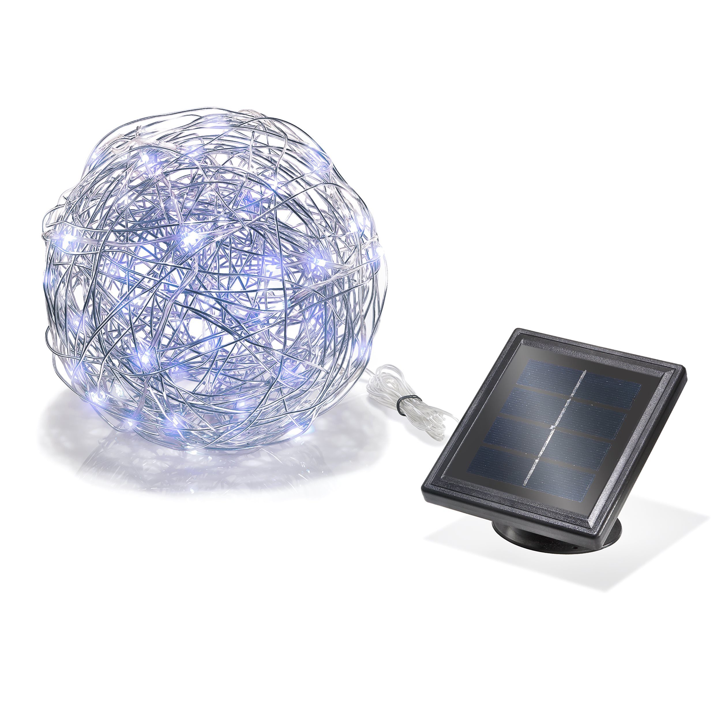 esotec LED-Hängeleuchte Solar Aluminium Drahtkugel Ø25cm, silber, 50 LEDs kaltweiß 102112, LED fest integriert