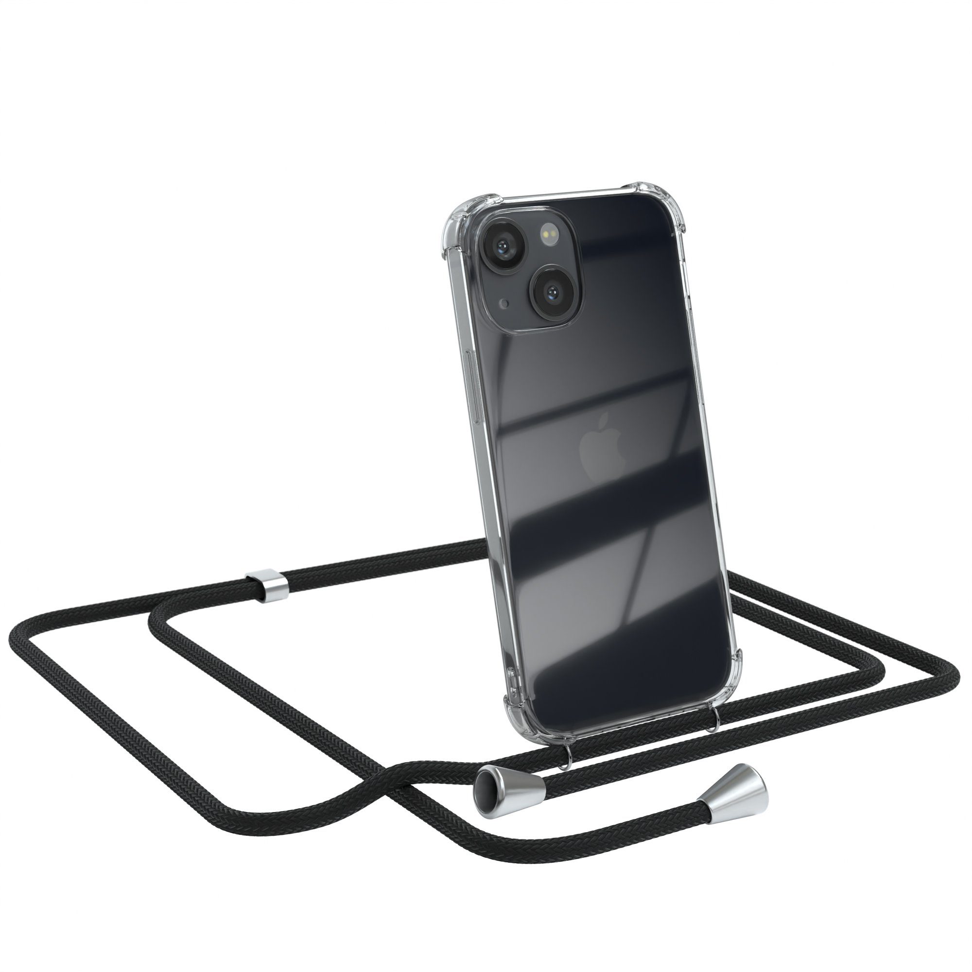 EAZY CASE Handykette Hülle mit Kette für Apple iPhone 13 Mini 5,4 Zoll, Handykette Hülle mit Band Slimcover Schutzhülle Schwarz Clips Silber