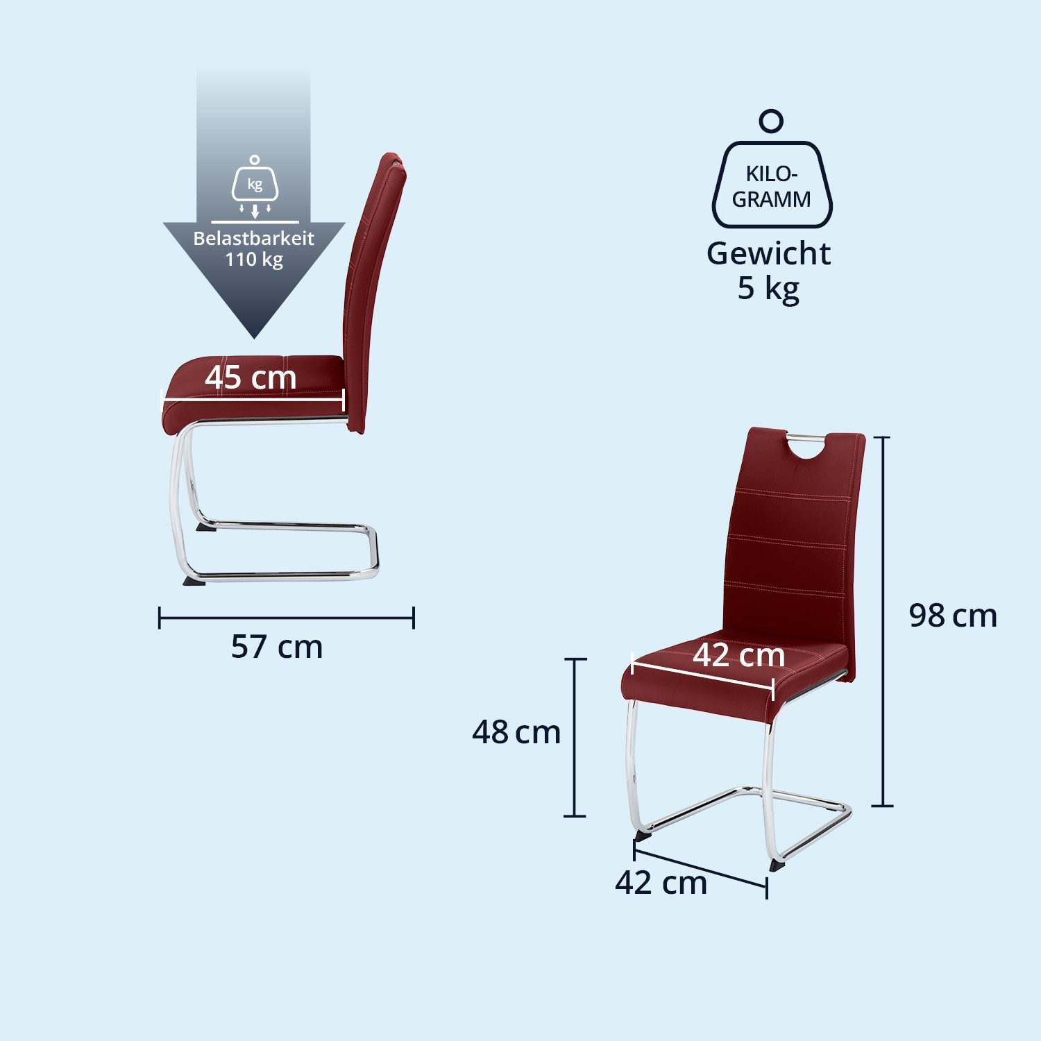 KHG Freischwinger Esszimmerstuhl Kunstleder Rot, bis 120 kg belastbar, Modern, gepolstert, eleganter Look, Metallgestell verchromt mit Griff