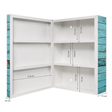 banjado Medizinschrank Stahl Blaue Holzlatten (abschließbar, 3 große und 2 kleine Fächer) 35 x 46 x 15cm