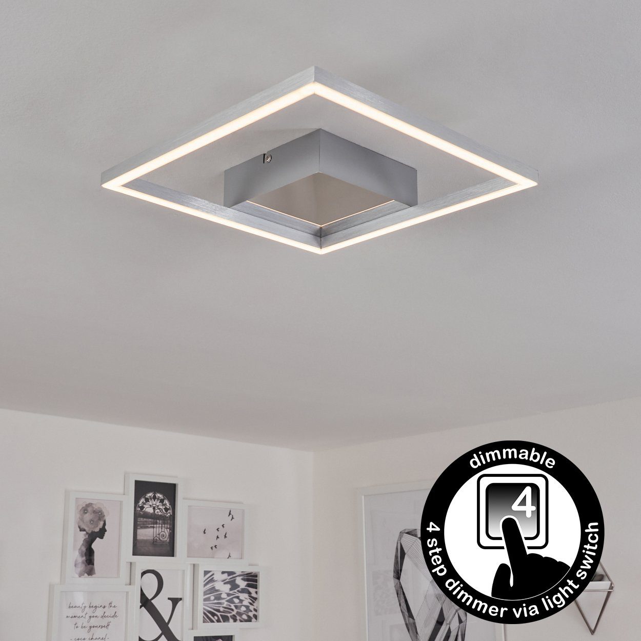 hofstein 900 Metall/Kunststoff, Deckenleuchte herkömmlichen dimmbare Deckenlampe, 3000 Lumen, dimmbar über Kelvin, Nickel-matt/Weiß, »Sarzanello« Lichtschalter