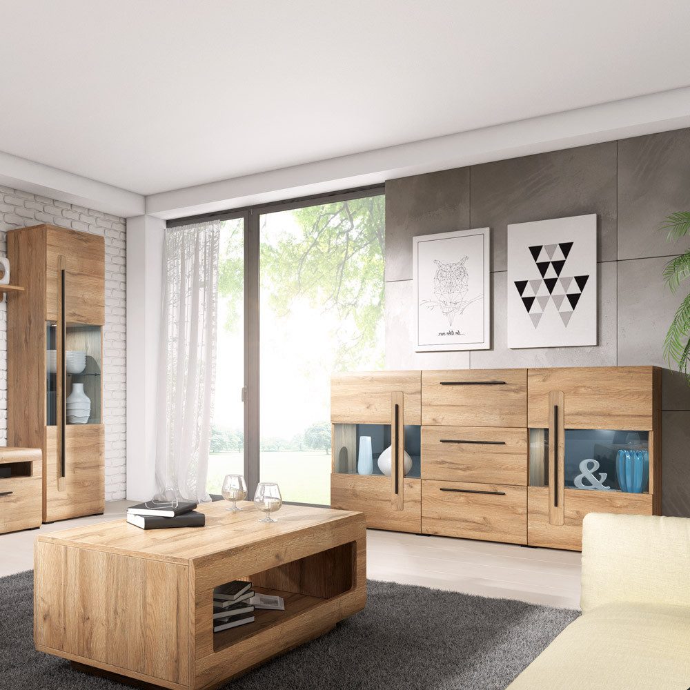 Lomadox Wohnzimmer-Set TURDA-83, (Mega-Spar-Set, 3-St., 3-tlg), Eiche Grandson Nb. in modernem Stil mit Beleuchtung und Metallgriffen