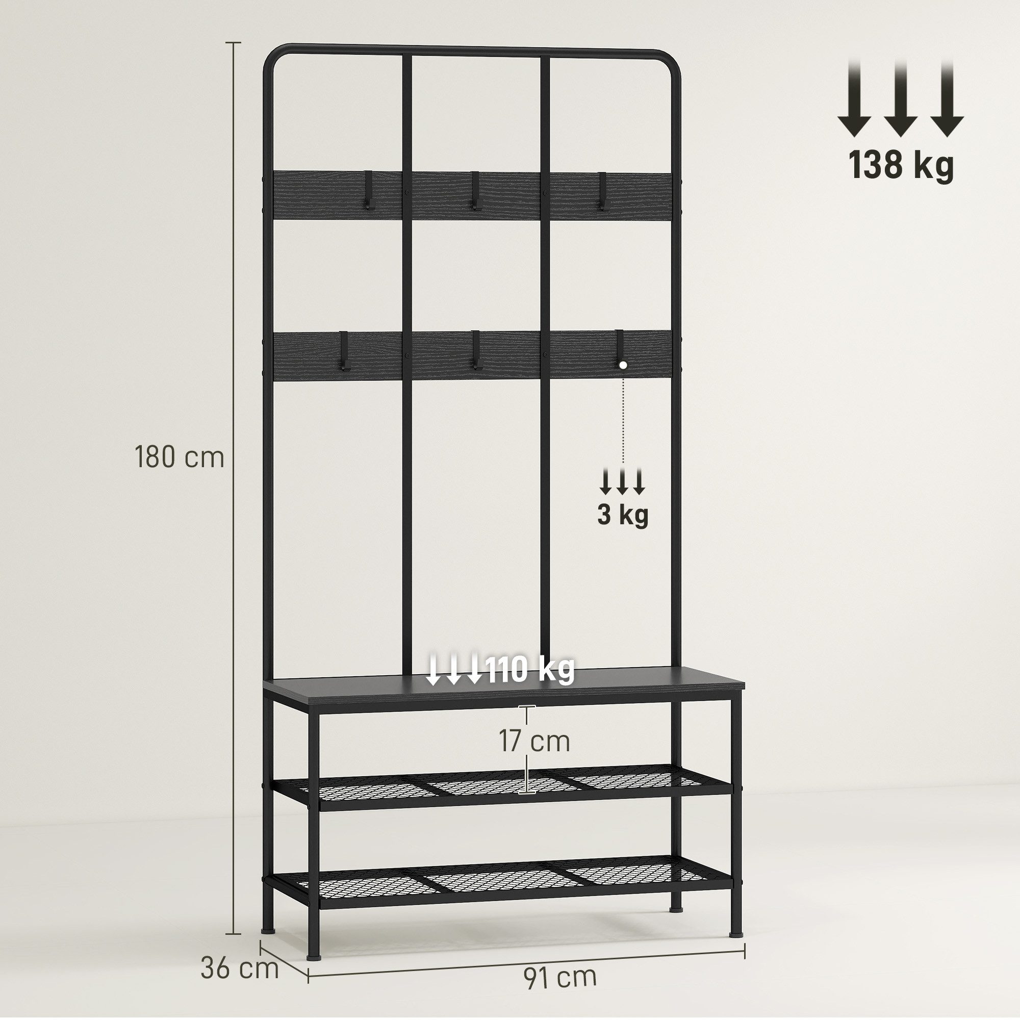 HOMCOM Garderobenständer mit Schuhbank, Garderobe mit 6 Haken, (Jackenständer, 1 St., Garderobe), für Eingangsbereich, Flur, Schlafzimmer, Schwarz