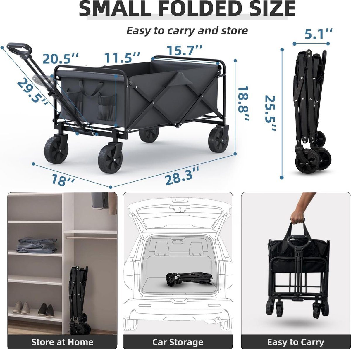 BOTC Bollerwagen Bolderkar - Schwarz kg Faltbar - Räder 103x99cm, zu Positionen Räder - 100 360º - 2 Bis - - Drehbare