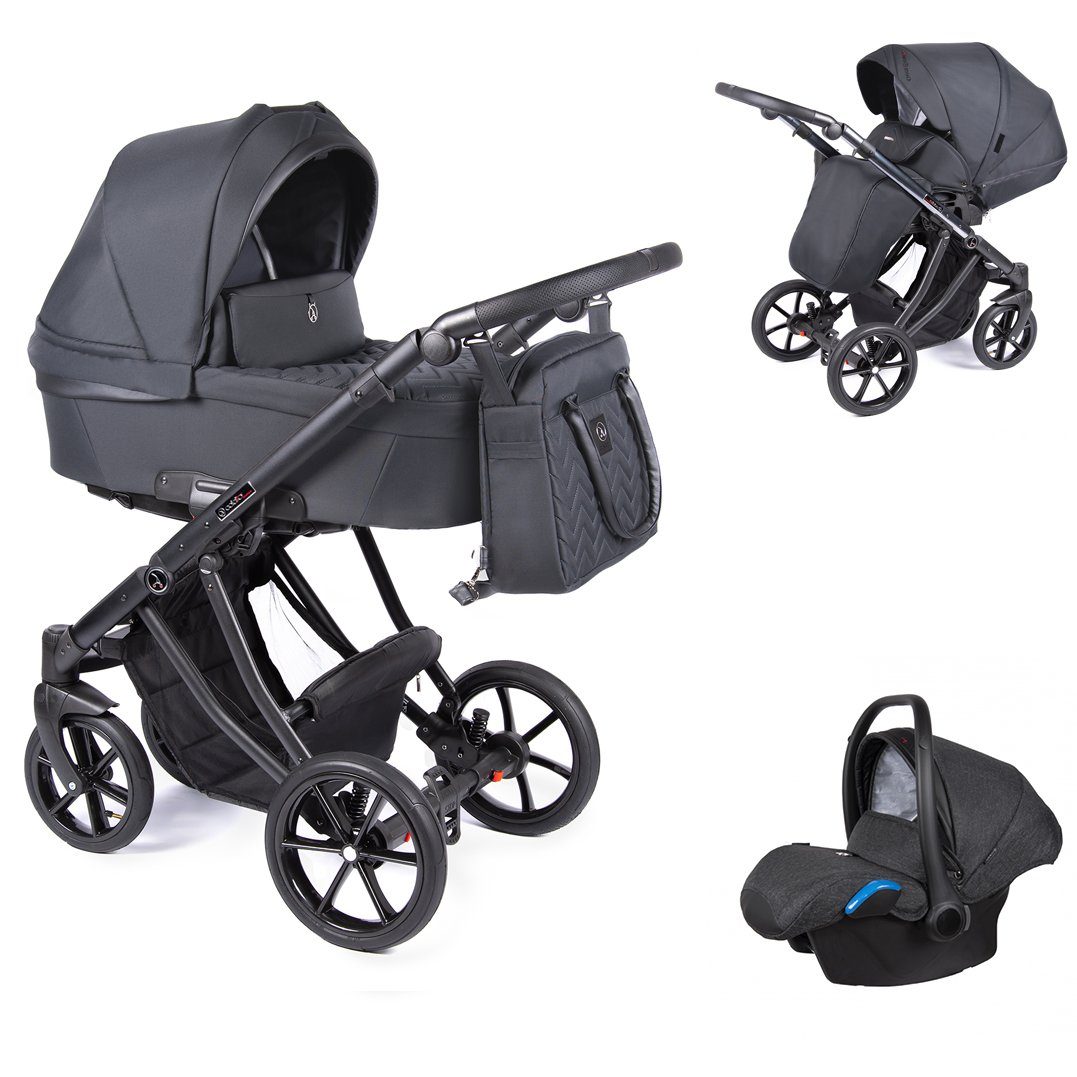 babies-on-wheels Kombi-Kinderwagen 3 in 1 Kinderwagen-Set Dante - 13 Teile - in 16 Farben Grau = Gestell schwarz