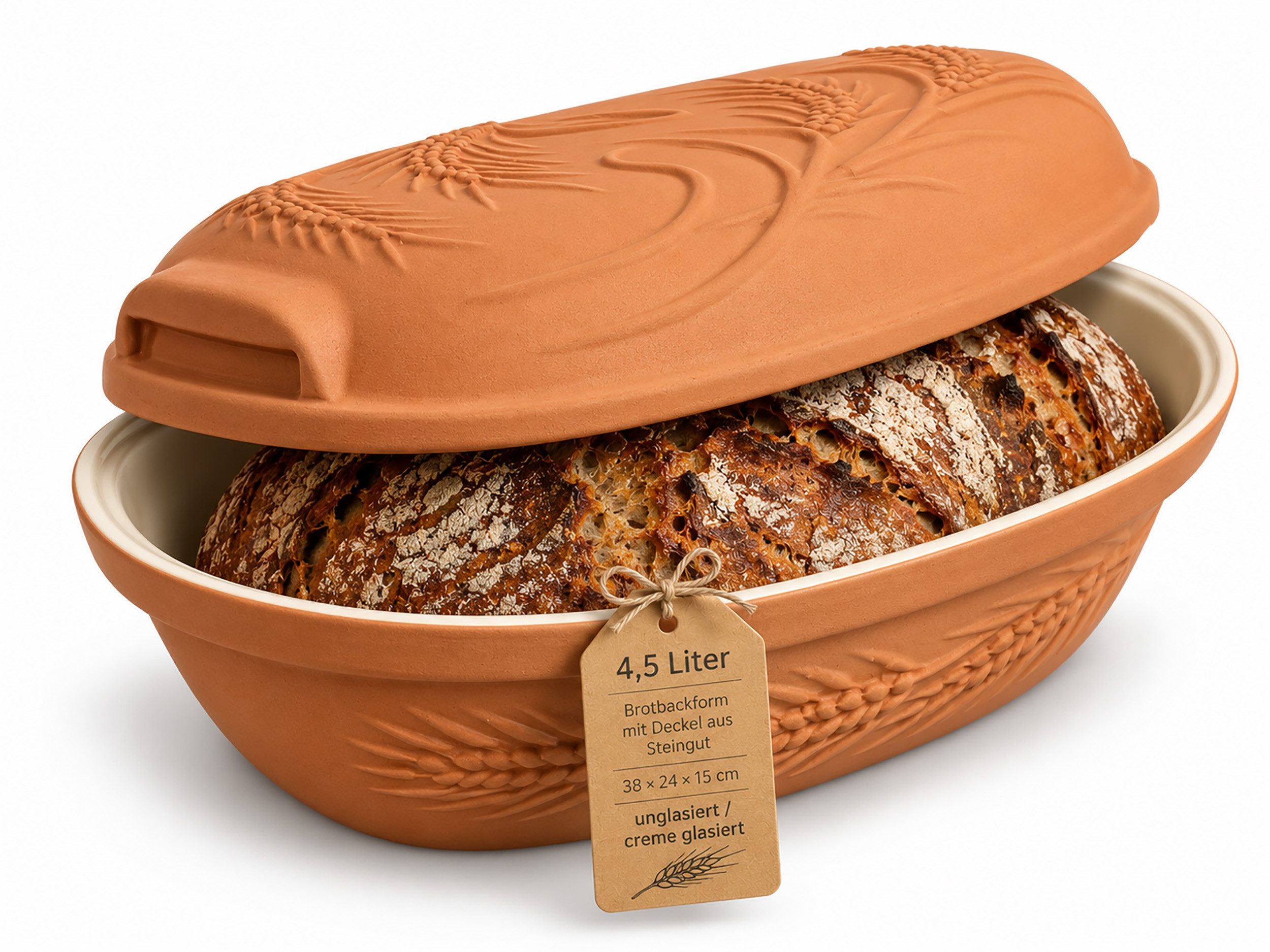 KERAZO Brotbackform 4,5L Keramik Bräter mit Deckel Brottopf Auflaufform 38x24x15 cm, creme, außen unglasiert, innen creme glasiert, mit Getreidemuster
