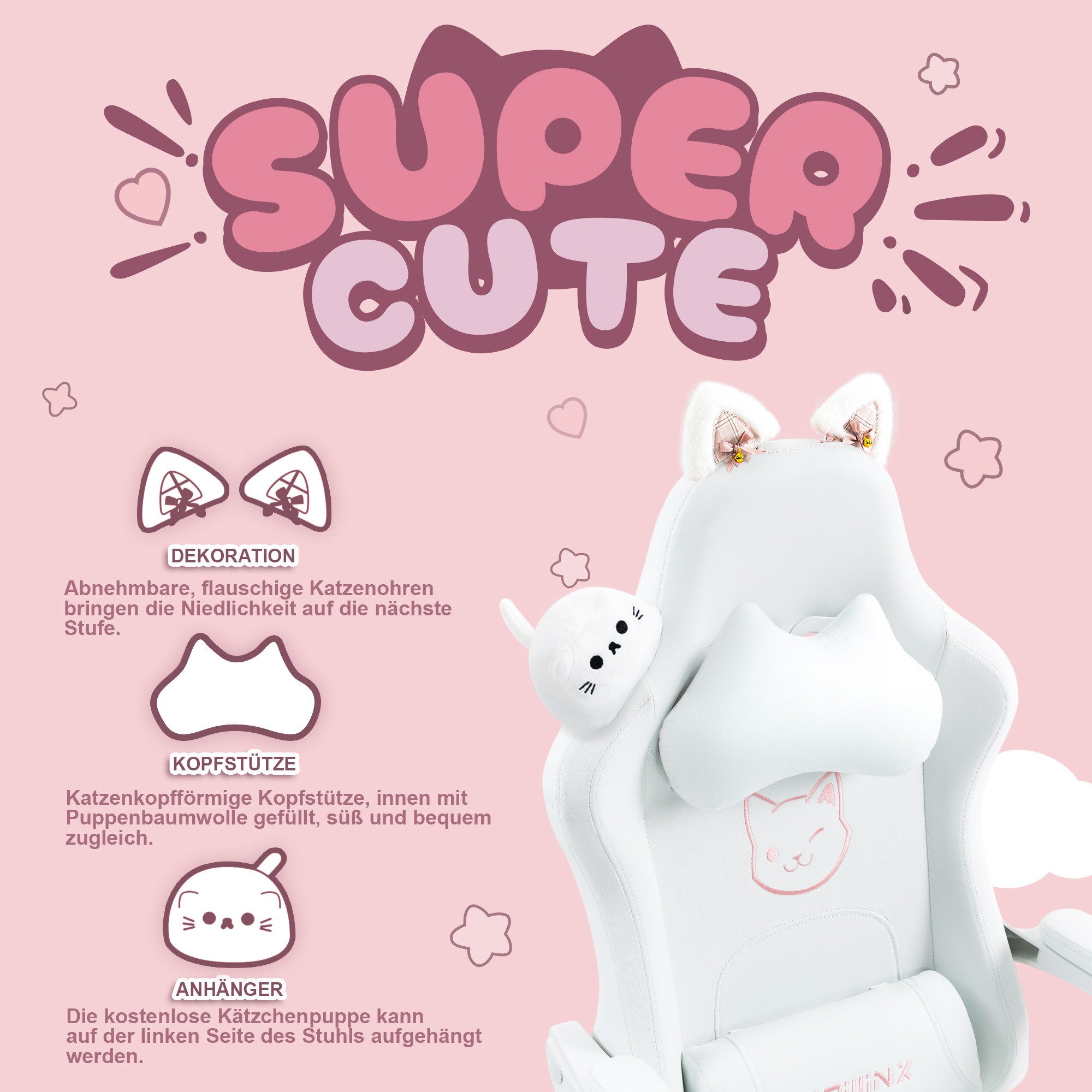 Dowinx Gaming-Stuhl Süße Katze Edition mit Katzenohren und Plüschtier (Packung), Ergonomischer Stuhl mit Hoher Rückenlehne und Lendenwirbelstütze – Bild 2 von 5