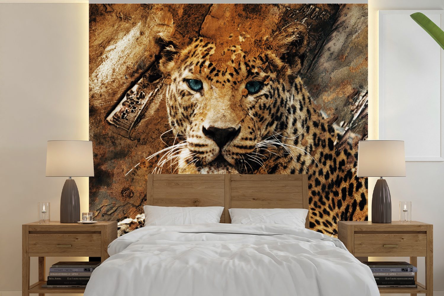 MuchoWow Fototapete Leopard - Tiere - Wild, Matt, bedruckt, (5 St), Vinyl Tapete für Wohnzimmer oder Schlafzimmer, Wandtapete