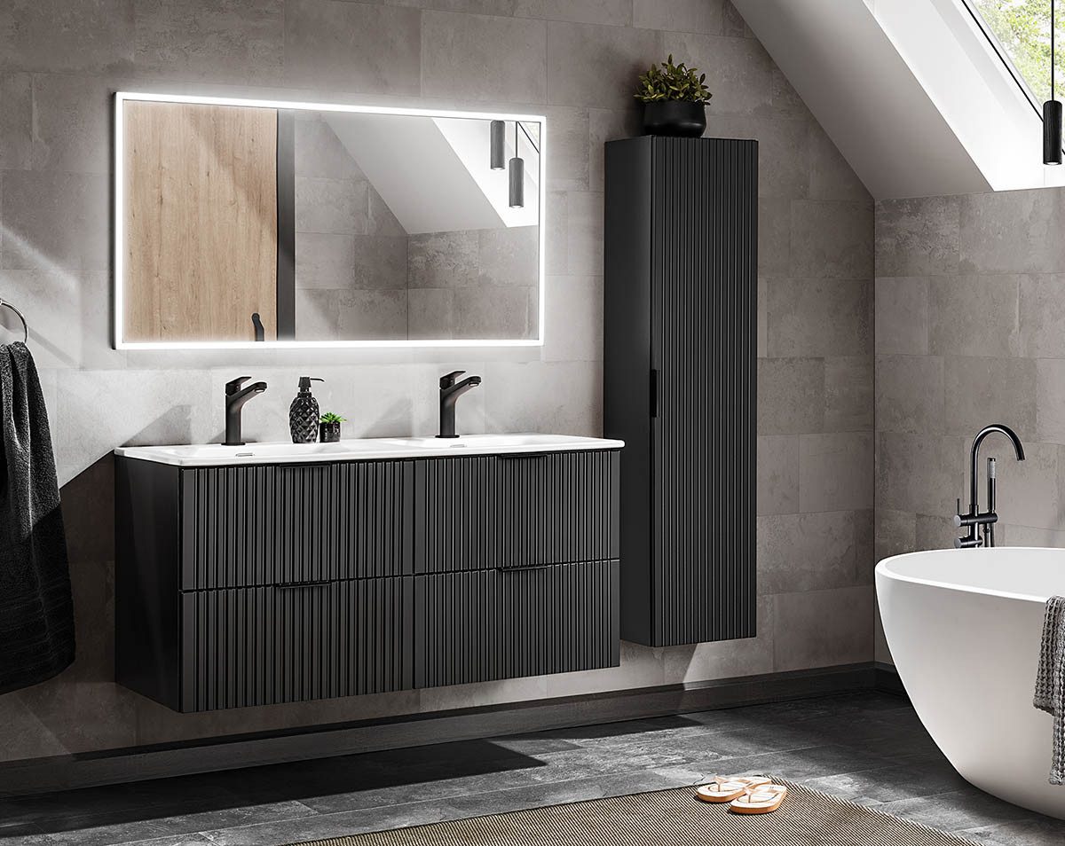 Waschtisch-Set Badezimmer Set 3-teilig BLACKENED 120cm, Einbaubecken weiß, schwarz