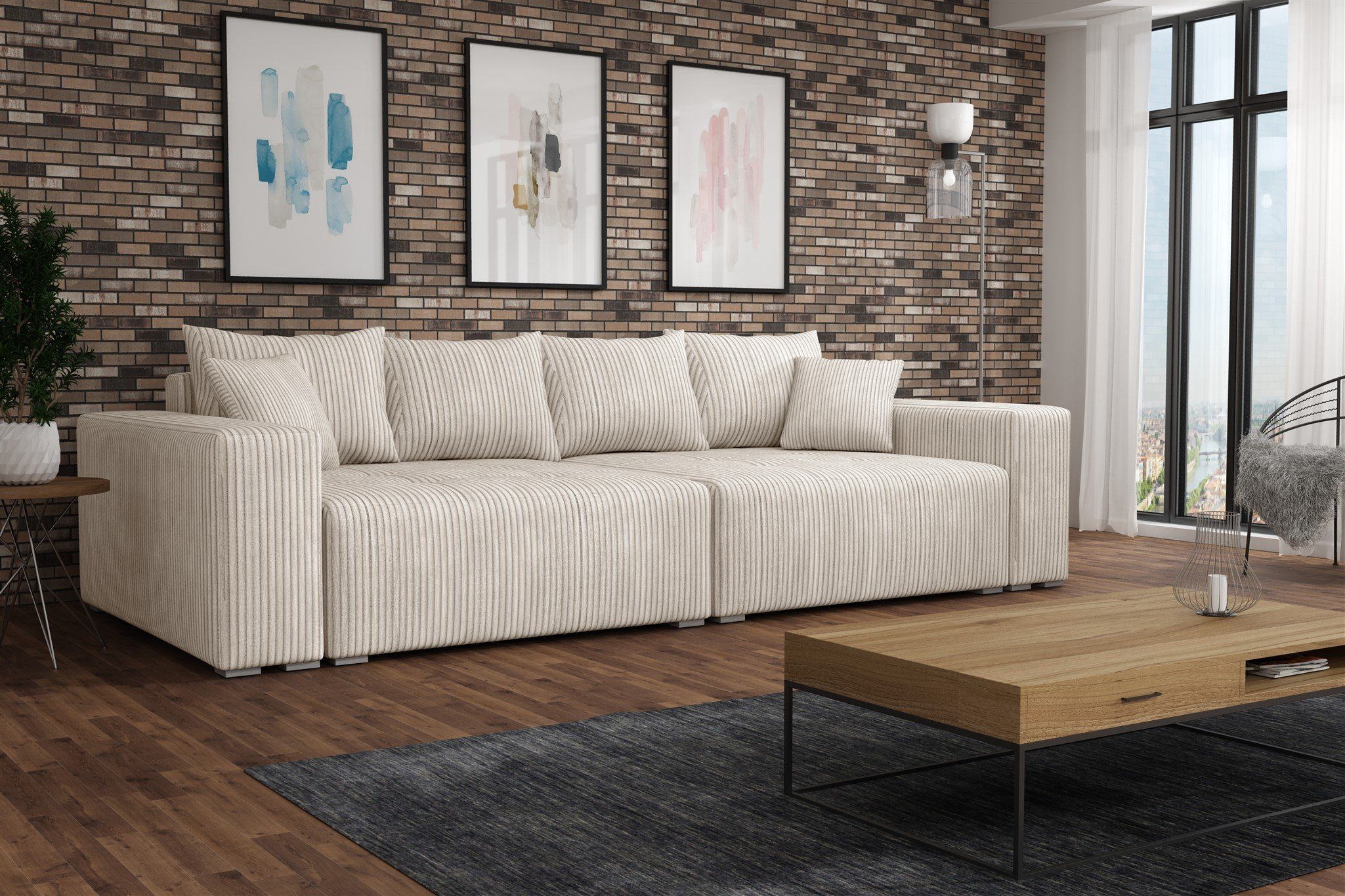 Fun Möbel Big-Sofa Megasofa Couchgarnitur REGGIO in Stoff Poso mit Schlaffunktion, mit Bettkasten, inkl. Rückenkissen und Zierkissen Creme | Big Sofas