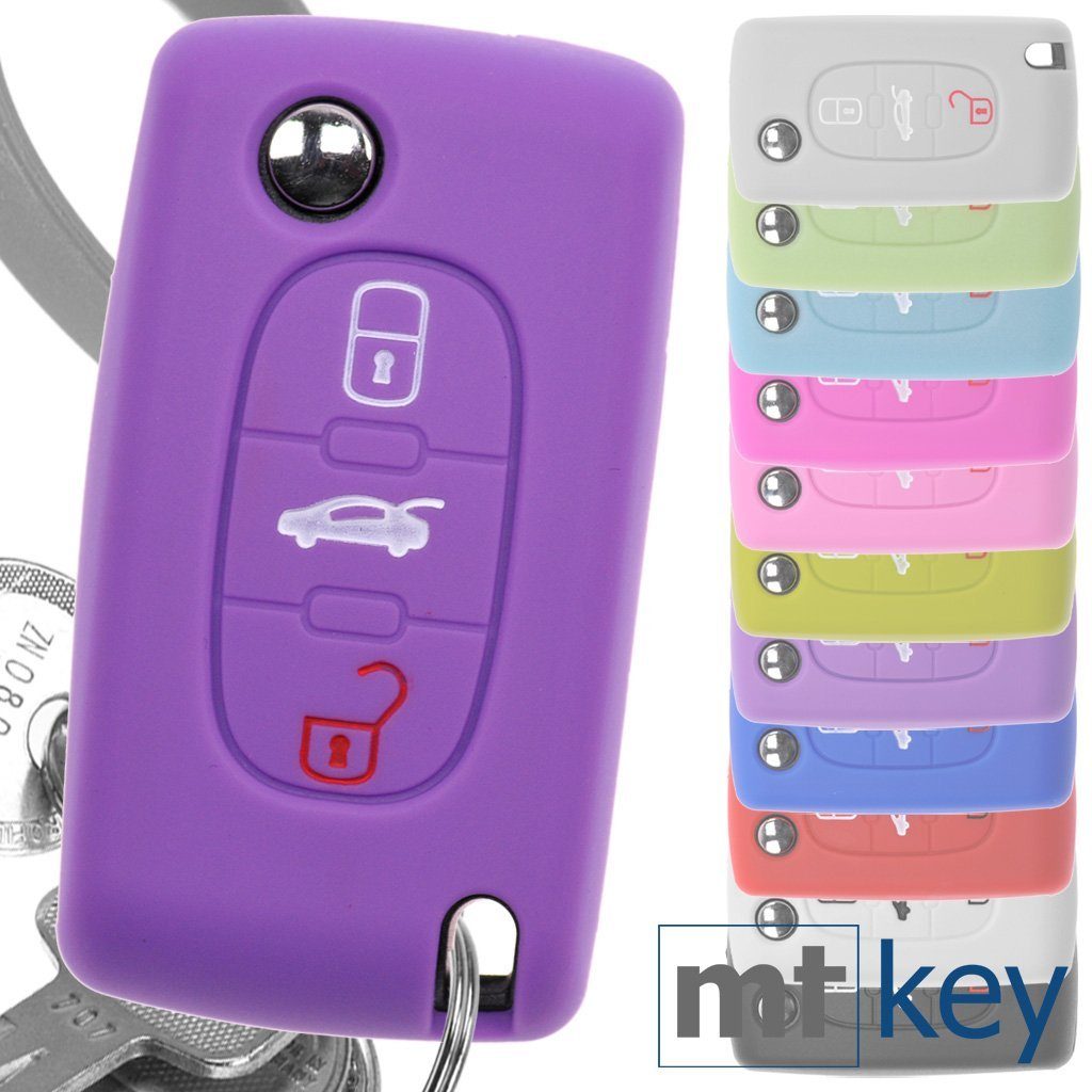 mt-key Schlüsseltasche Autoschlüssel Softcase Silikon Schutzhülle Lila, für Peugeot 307 308 I 407 Expert RCZ Citroen C4 C5 III 3 Tasten