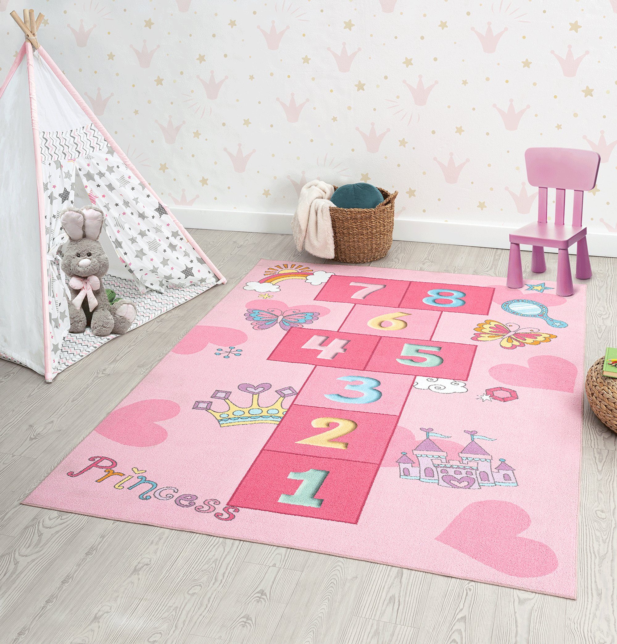 Kinder Spiel Teppich Patchwork pink gelb Bunt auch in Rund 