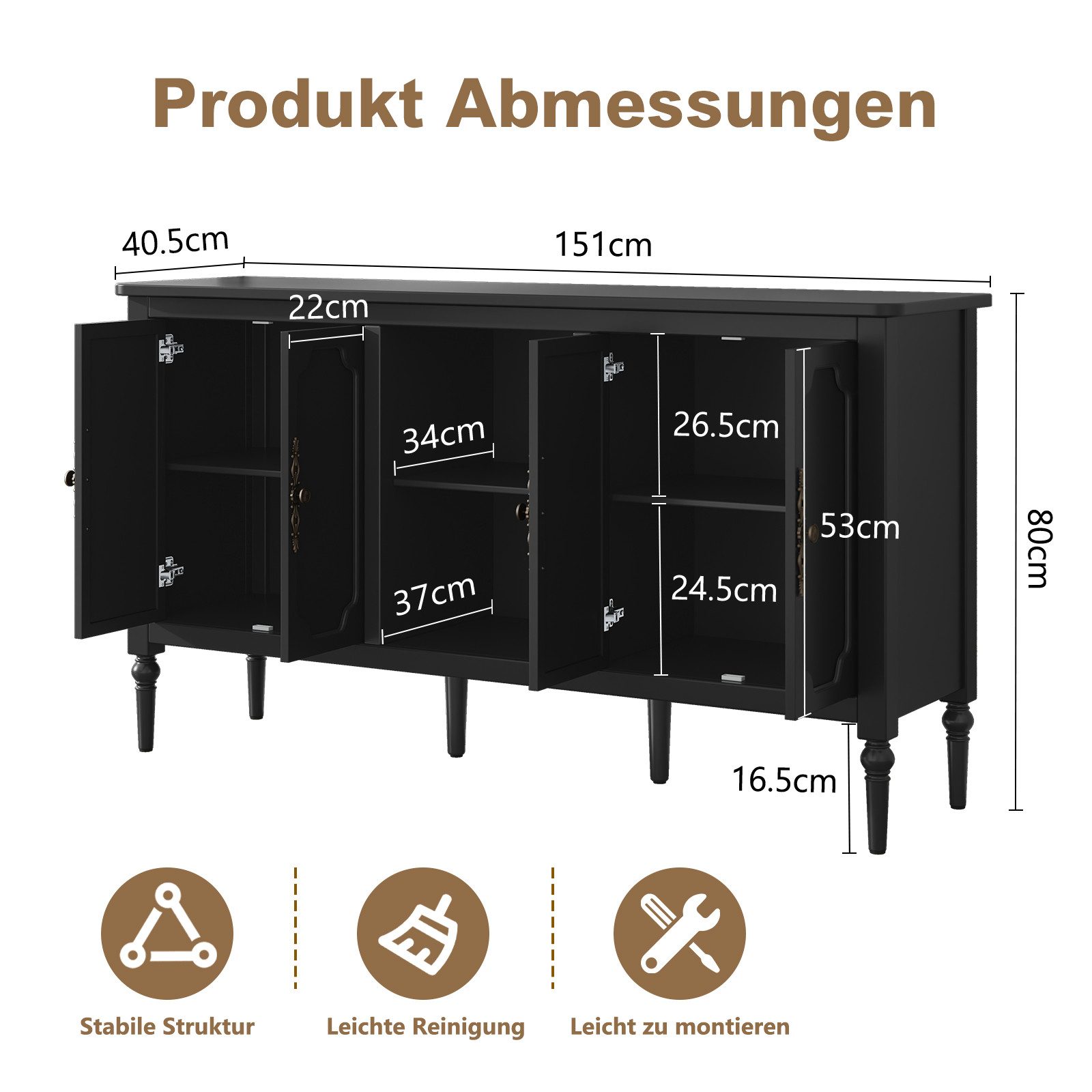 HOLTICO Sideboard Buffet Schrank mit 4 Türen und offenem Regal, Vintage Akzent Kommode (1 St), TV-Schrank, Küchenschrank, Kredenz, und Weinschrank – Bild 2 von 5