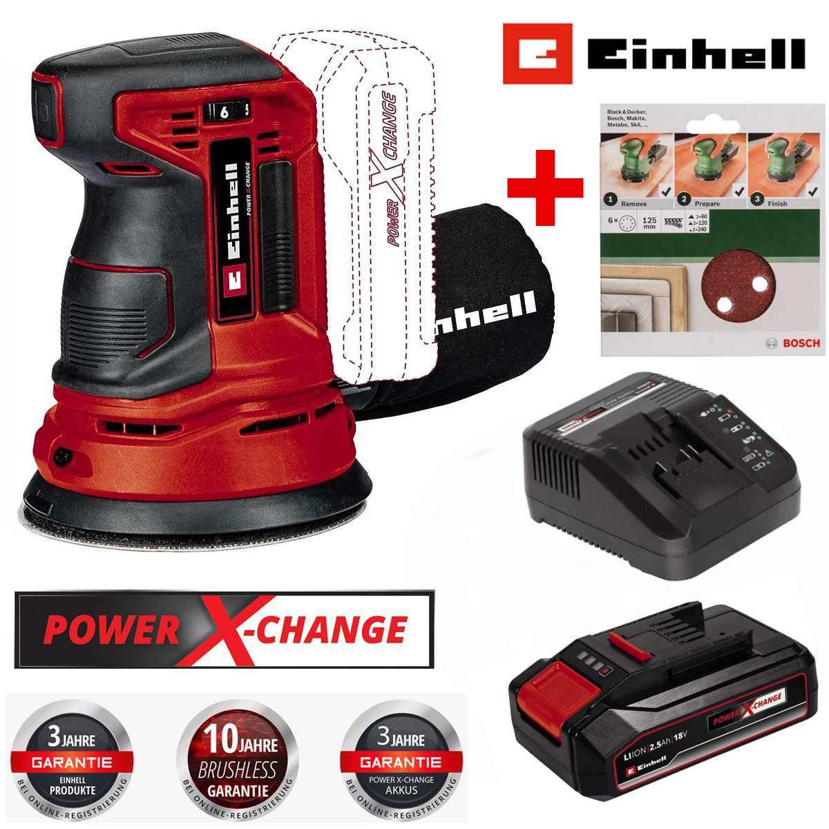 Einhell Akku-Exzenterschleifer Exzenterschleifer TE-RS 18V +2.5 Ah Akku +Bosch 6tlg Schleifblattset