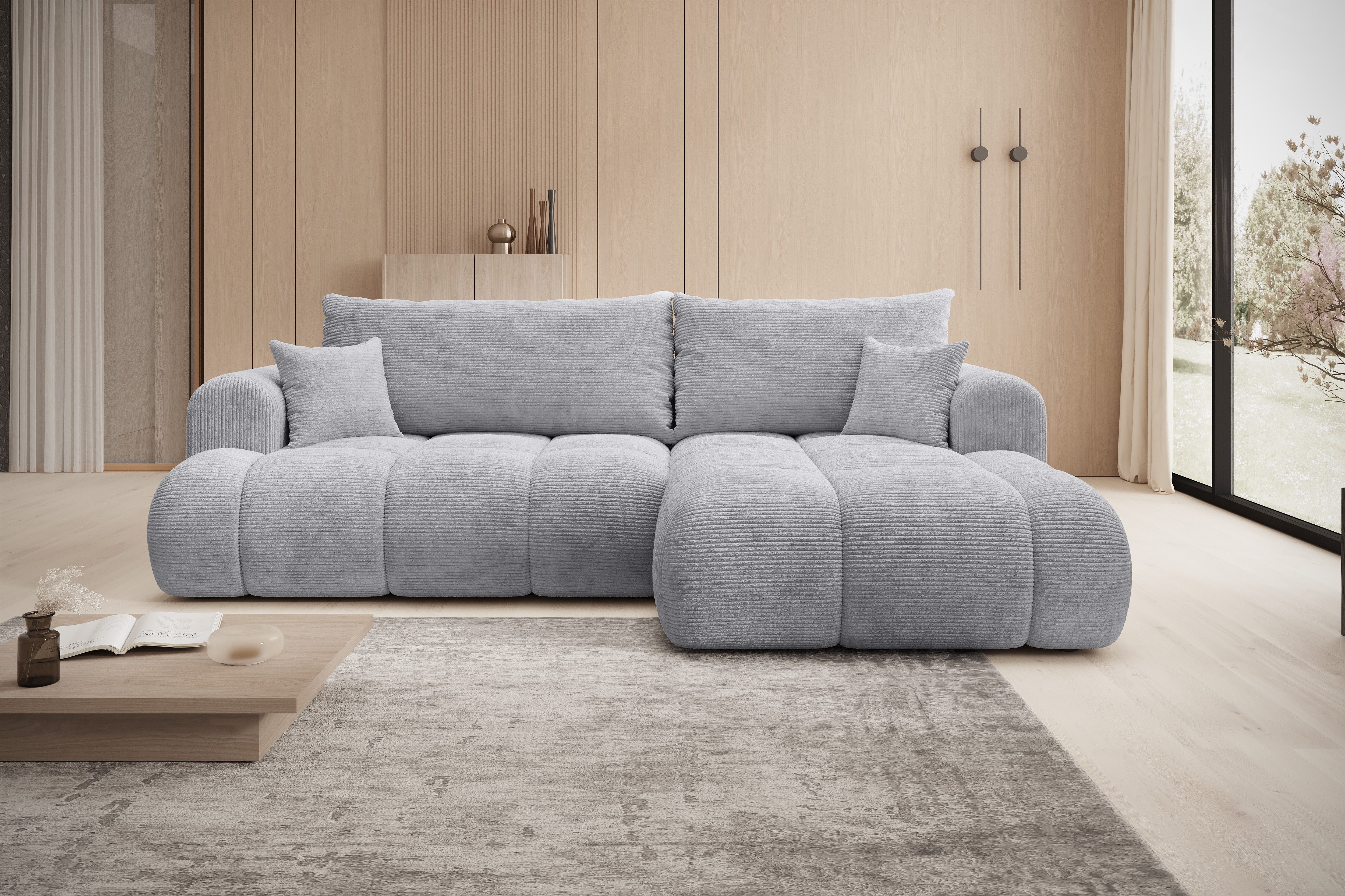 thematys Ecksofa TREVIO mit Schlaffunktion und Bettkasten, L-Form, Cord und Bouclé, 260 x 165cm - Luxus Couch mit Bettfunktion mit Bonnellfedern + 2 Kissen