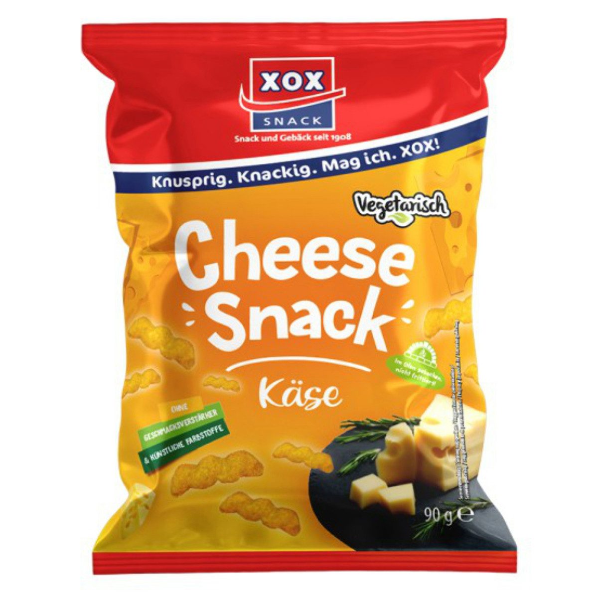 XOX Knabberei, XOX Cheese Snack Maissnack mit herzhaft intensivem Käsgeschmack 90g