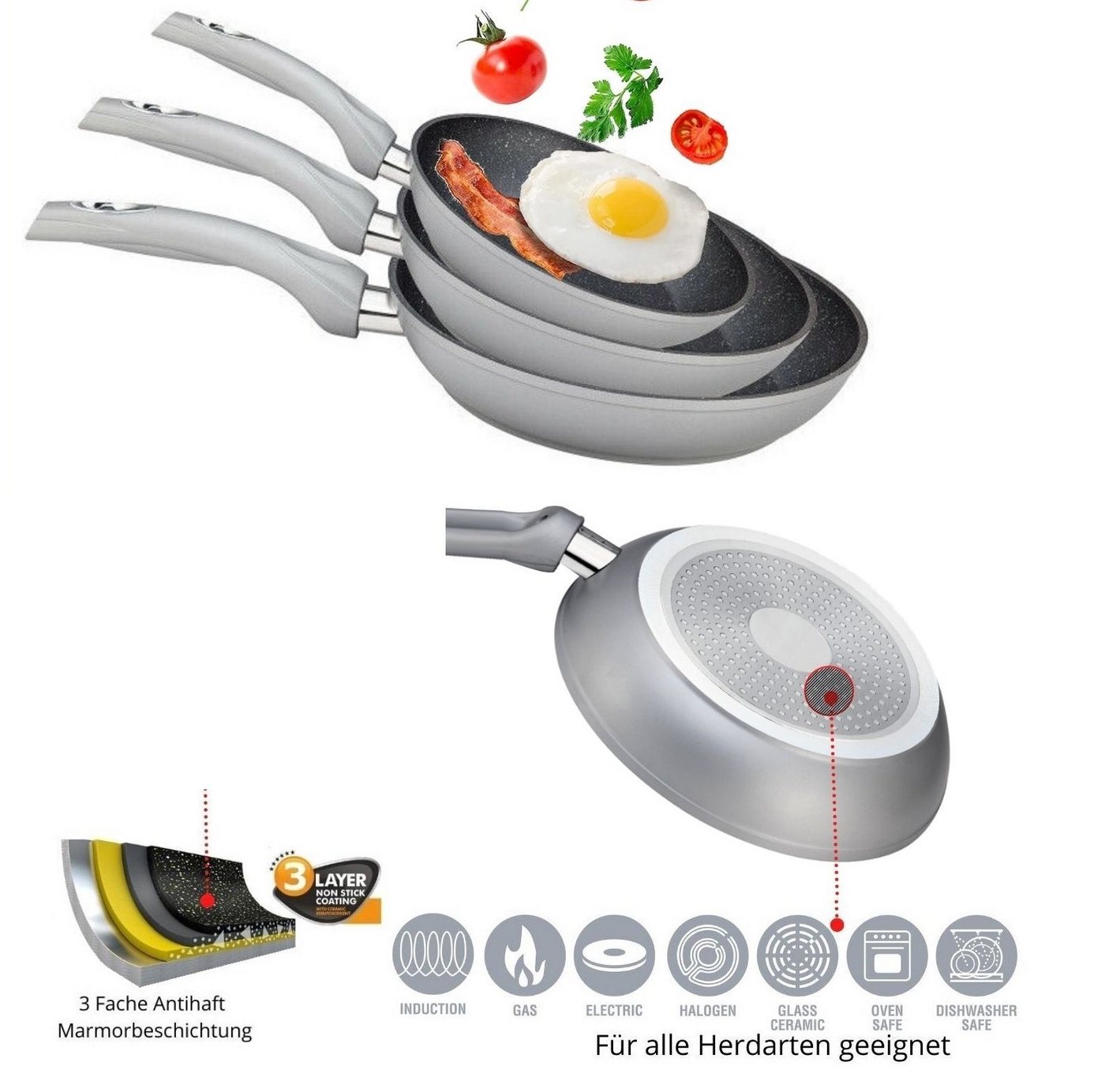 Cheffinger Pfannen-Set Bratpfanne Pfannen Set 3-tlg beschichtet Induktion Cheffinger Silber, Aluminium