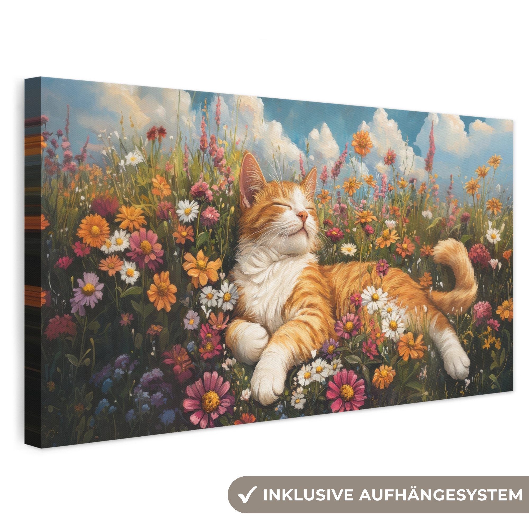 OneMillionCanvasses® Leinwandbild Panorama Katze - Blumen - Entspannen, Fotodruck (1 St), Wandbild, Deko Schlafzimmer Wohnzimmer Flur 40x20 cm