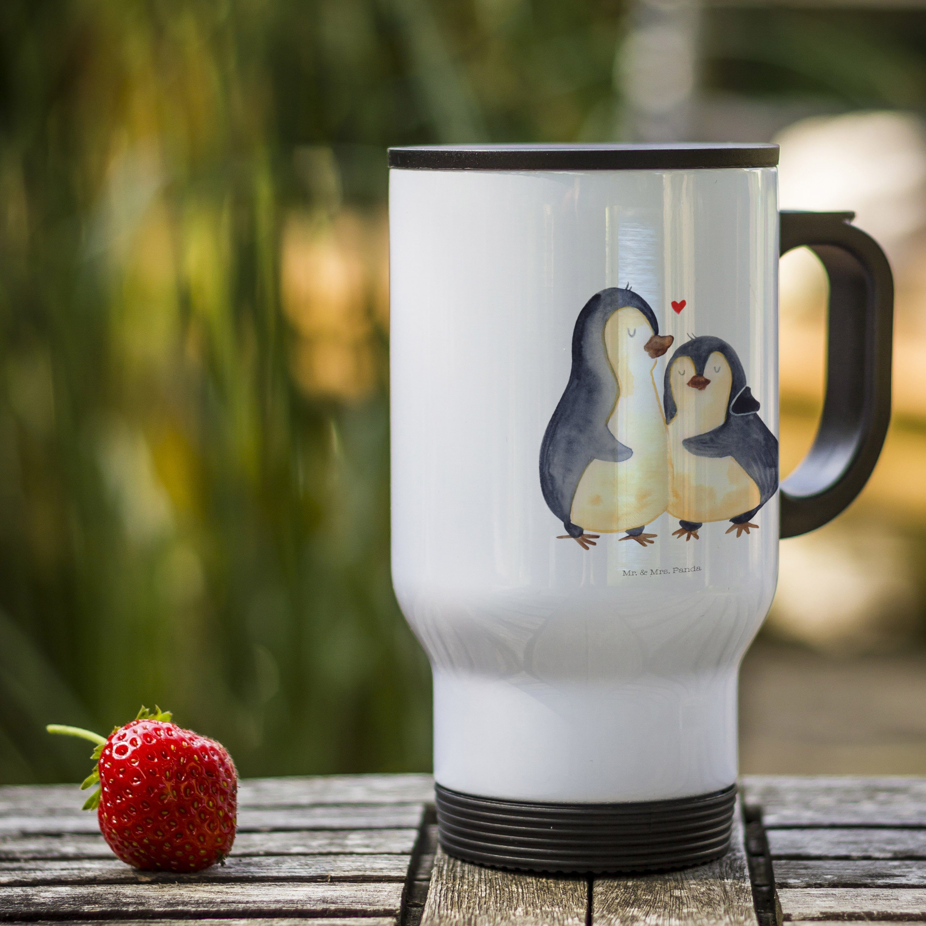 Mr. & Mrs. zum, Thermobecher Thermotasse, - Geschenk, Panda Tasse umarmend Edelstahl - Weiß Pinguin Hochzeit