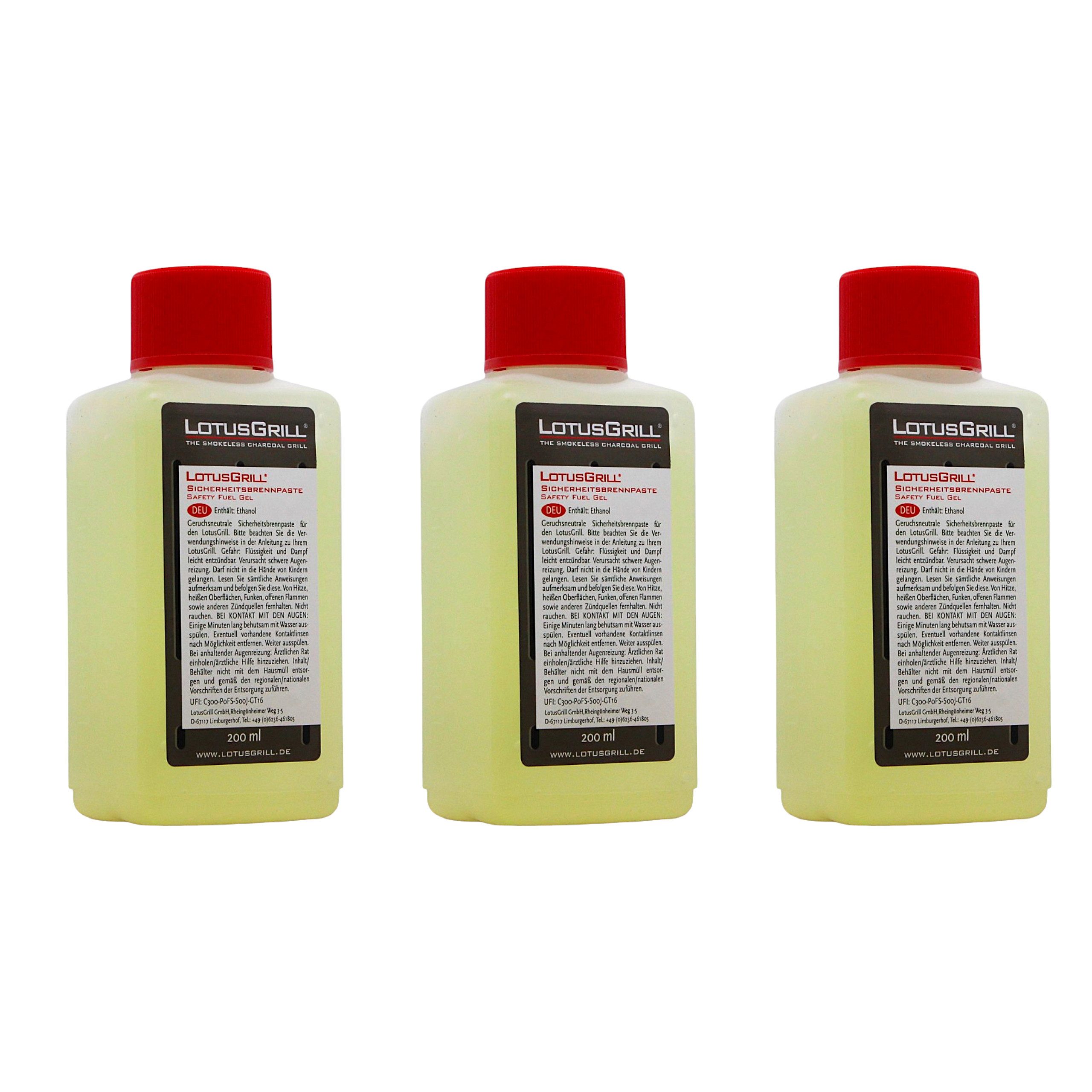LotusGrill Brennpaste Brennpaste 3x 200 ml – Sicherheitsanzünder für rauchfreies Grillen