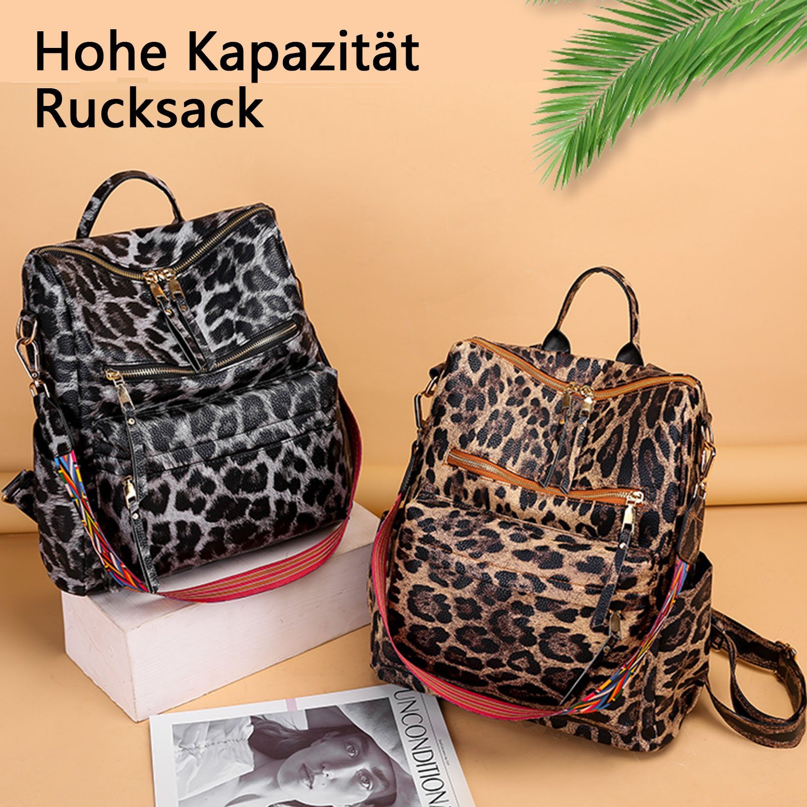 cm, Schultertasche, Leder Damen REDOM (33x36x15 Arbeit Rucksack Reisen Leopard-Braun Business Tasche, Teenager Uni Vintage, Herren Laptoprucksack Rucksack), Lederrucksack Notebook für Freizeit Laptop Jungen Schulrucksack Reiserucksack