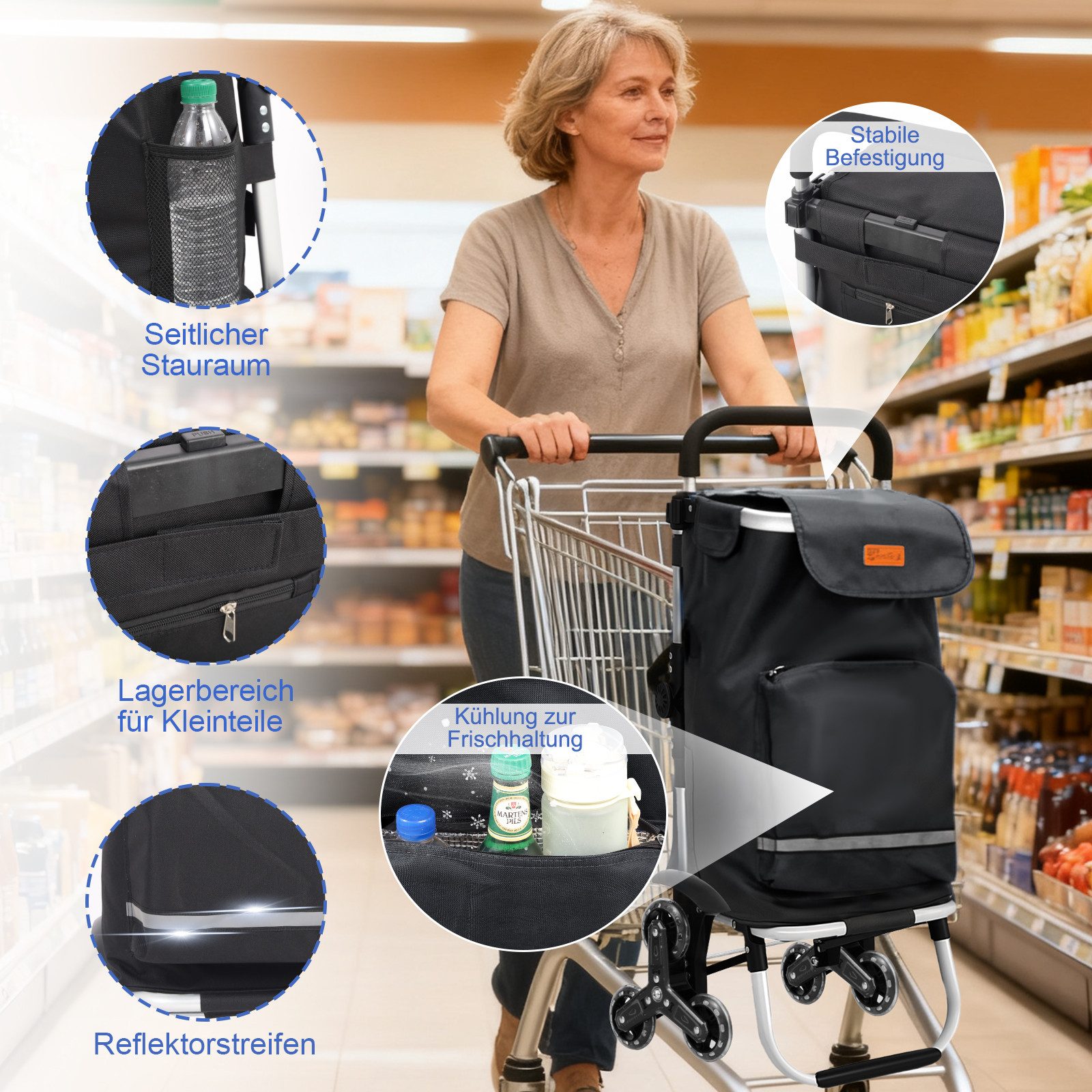 Sekey Einkaufstrolley Klappbarer Einkaufswagen mit Kühlfach, Treppensteiger Trolley 3 in 1, 42 l, Faltbarer Einkaufswagen inkl. Einkaufschip und Spanngurt – Bild 4 von 5