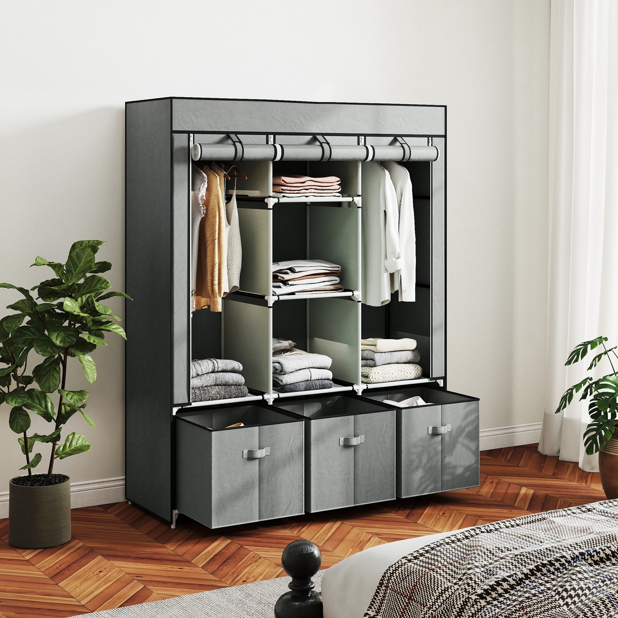 HOMCOM Stoffschrank Kleiderschrank mit Kleiderstange, Schubladen, Reißverschluss (Faltbare Garderobe, 1-St., Faltschrank) Hellgrau, 125 x 43 x 162,5 cm