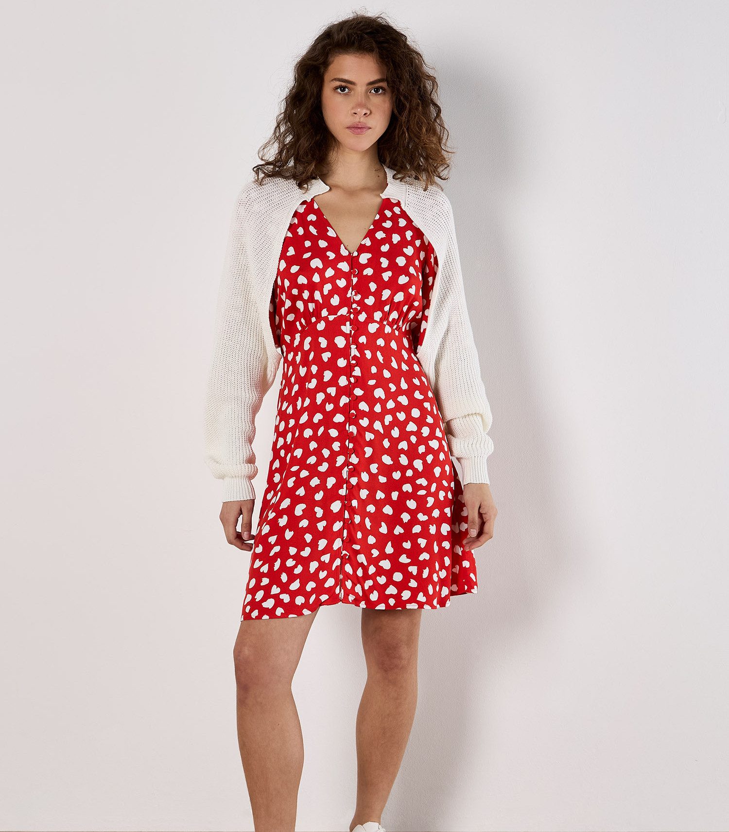 Apricot Minikleid Herzchen Kleid mit Knopfleiste mit Flügelarmen