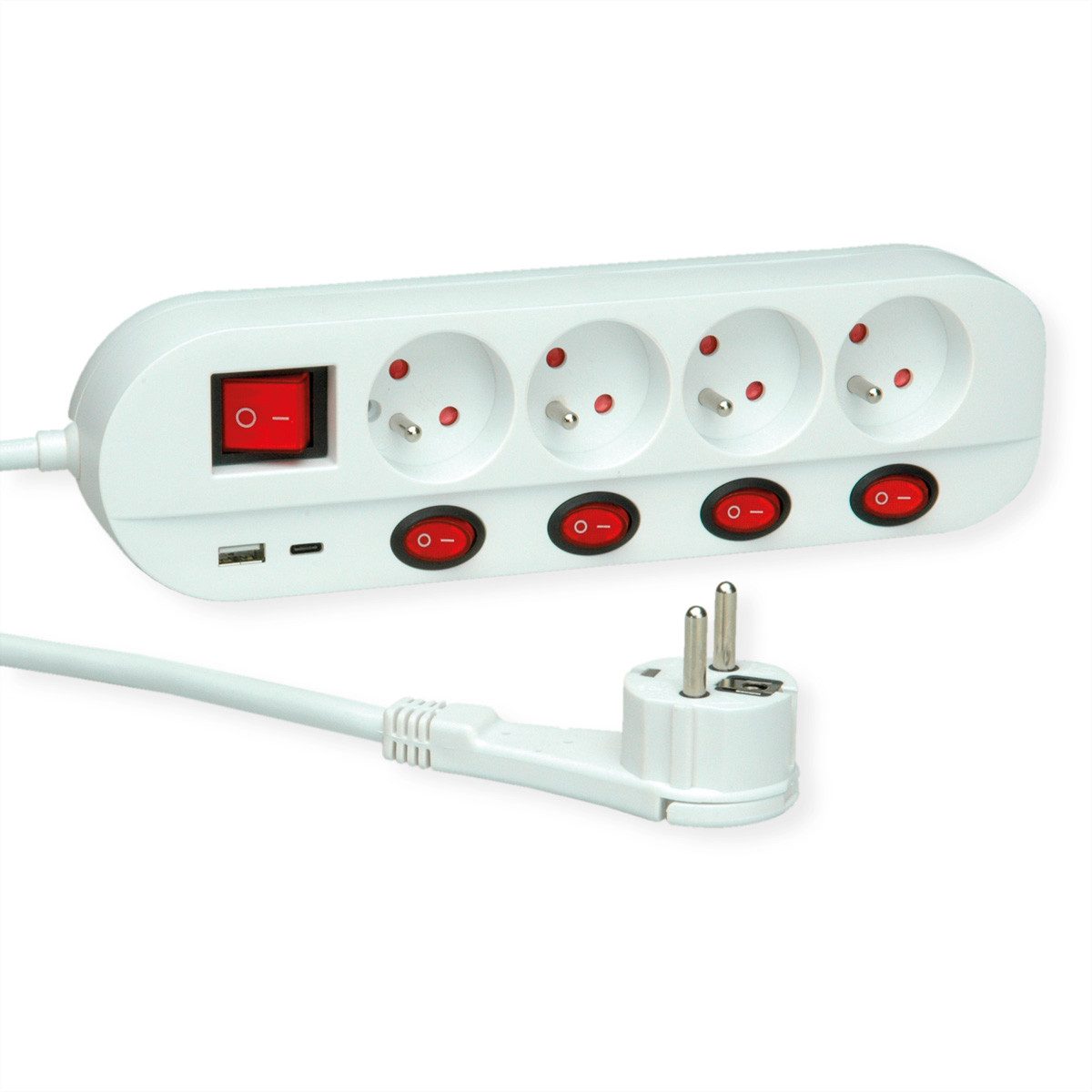 ROLINE 4-fach Steckdosenleiste mit Schalter, UTE Version Steckdosenleiste (Kabellänge 3 m), USB-Charger A+C