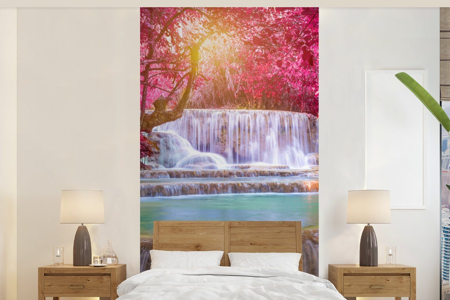 MuchoWow Fototapete Wasserfall - Regenbogen - Bäume - Rosa - Natur, Matt, bedruckt, (2 St), Vliestapete für Wohnzimmer Schlafzimmer Küche, Fototapete