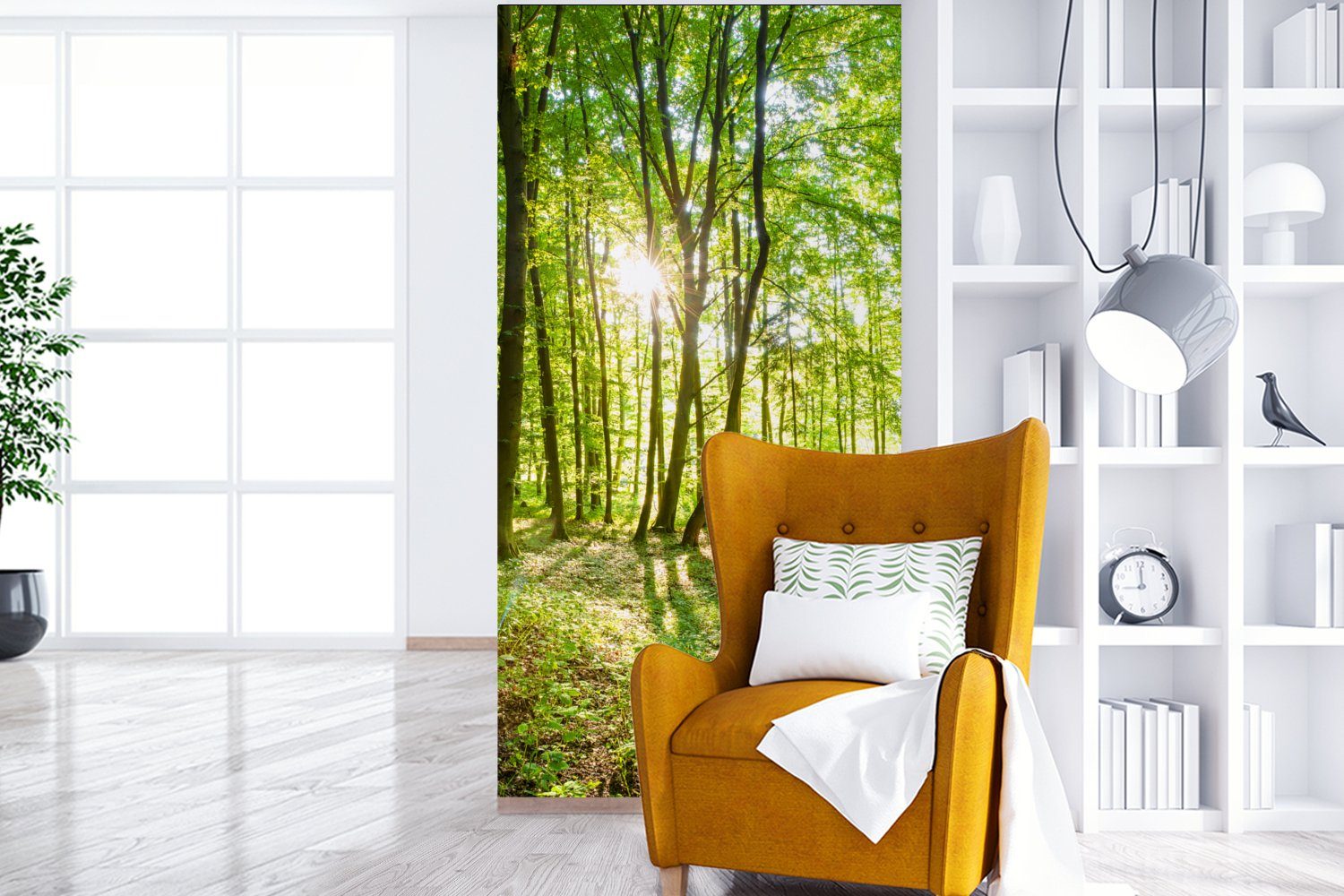 Fototapete (2 Fototapete MuchoWow Wald Grün - - Sonnenlicht, - Vliestapete Wohnzimmer Matt, Natur Schlafzimmer St), bedruckt, für - Küche, Bäume