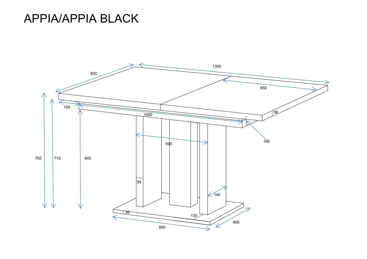 modern, erweiterbar, Endo-Moebel Weiß Beton Säulentisch, "Appia ausziehbar Beine, 130-210cm Küchentisch, Dunkel Säulen-Esstisch Hochglanz White"