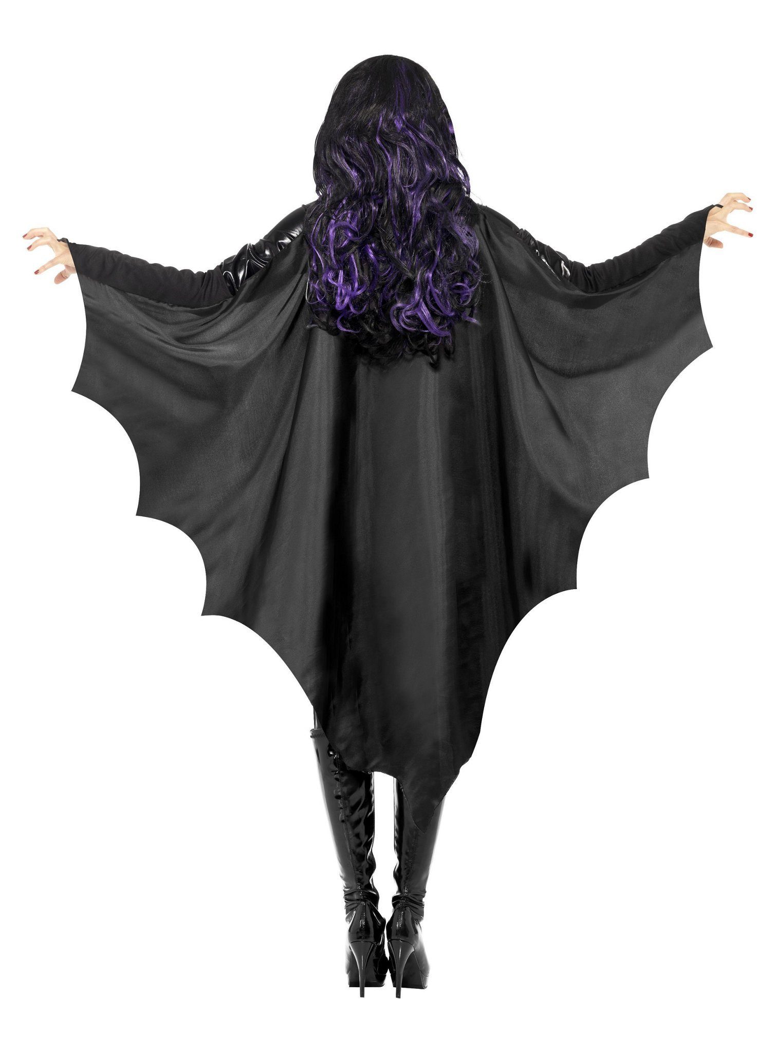 Smiffys Kostüm-Flügel Fledermaus Flügel - Faschingskostüm Damen Karneval, Großes glänzendes Flügeltuch mit Kragen
