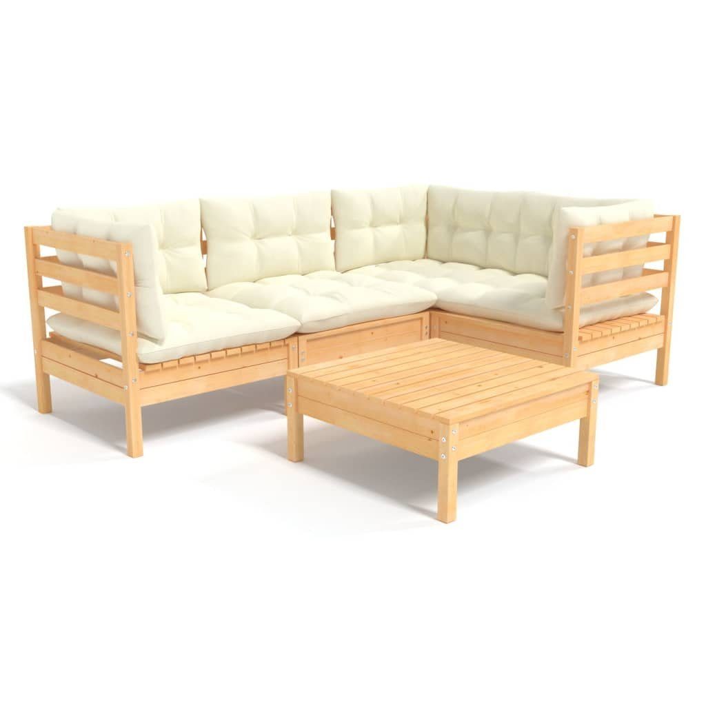 vidaXL Gartenlounge-Set 5-tlg. Garten-Lounge-Set mit Creme Kissen Kiefernholz, (5-tlg)